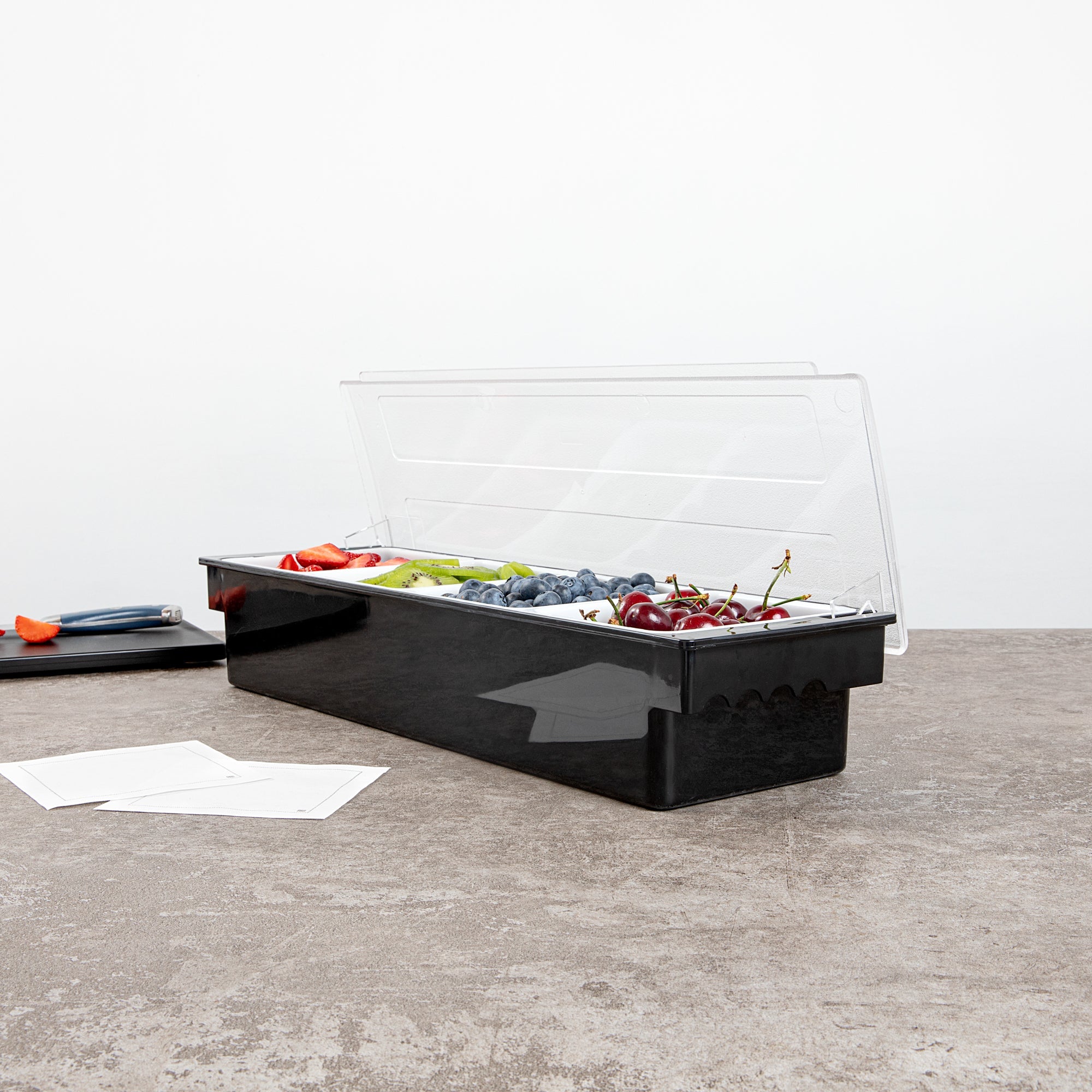 Bar Lux Black Plastic Condiment Caddy - 4 Compartments - 19 1/2" x 6 1/4" x 3 3/4" - 1 count box