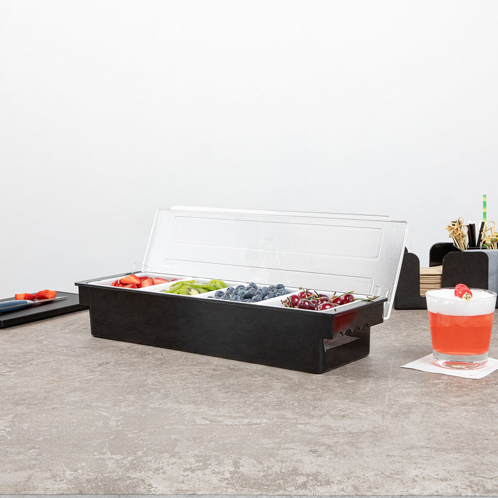 Bar Lux Black Plastic Condiment Caddy - 4 Compartments - 19 1/2" x 6 1/4" x 3 3/4" - 1 count box