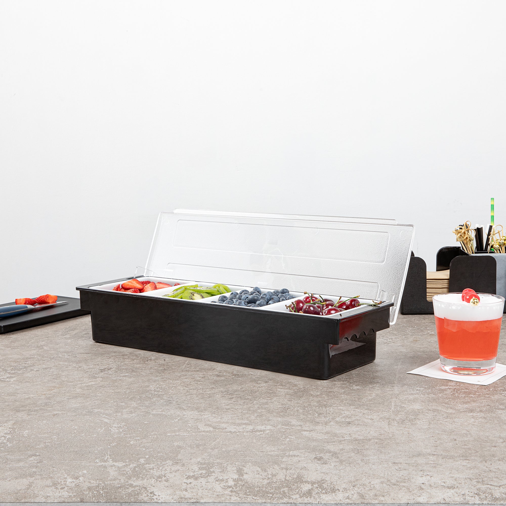Bar Lux Black Plastic Condiment Caddy - 4 Compartments - 19 1/2" x 6 1/4" x 3 3/4" - 1 count box