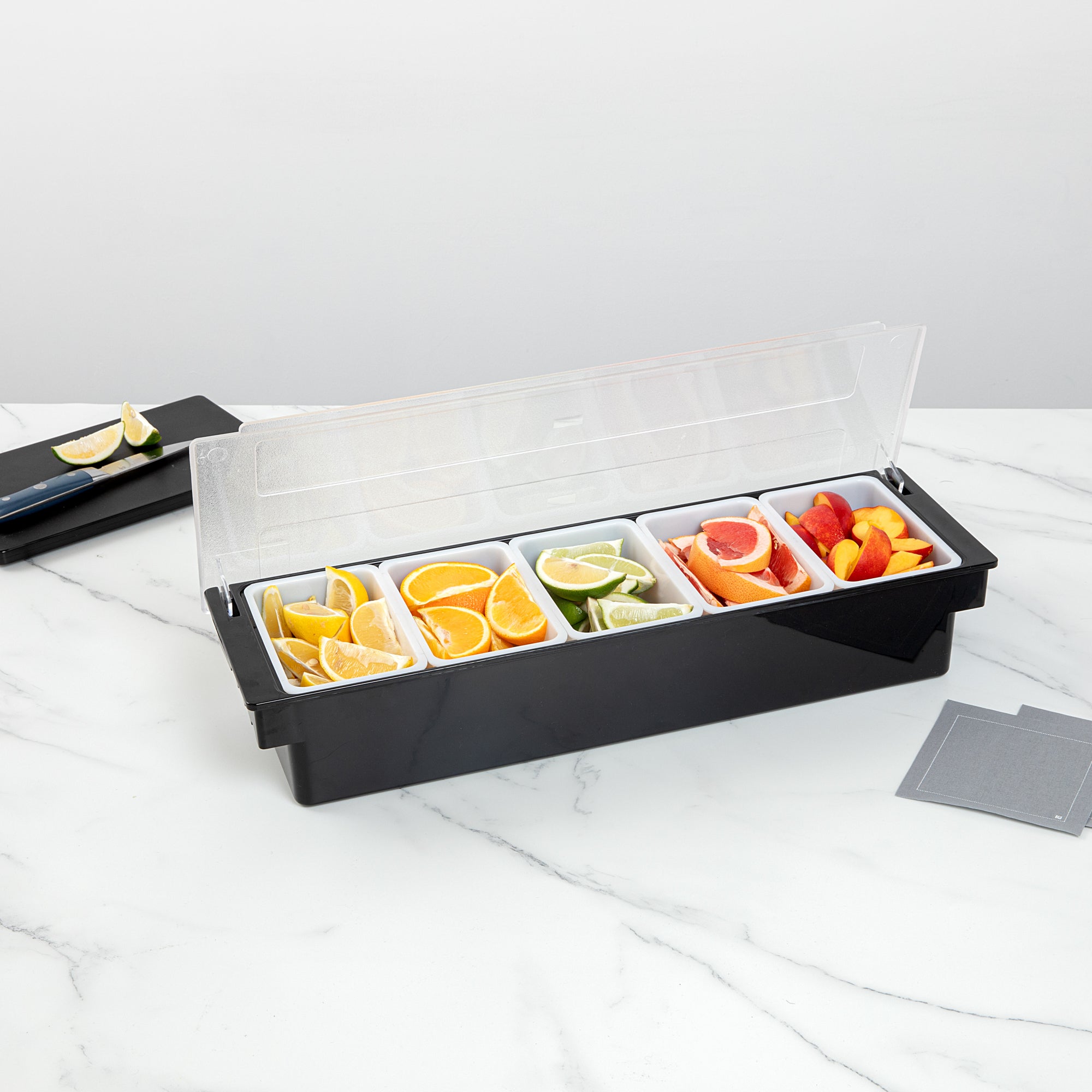 Bar Lux Black Plastic Condiment Caddy - 5 Compartments - 19 1/2" x 6 1/4" x 3 3/4" - 1 count box
