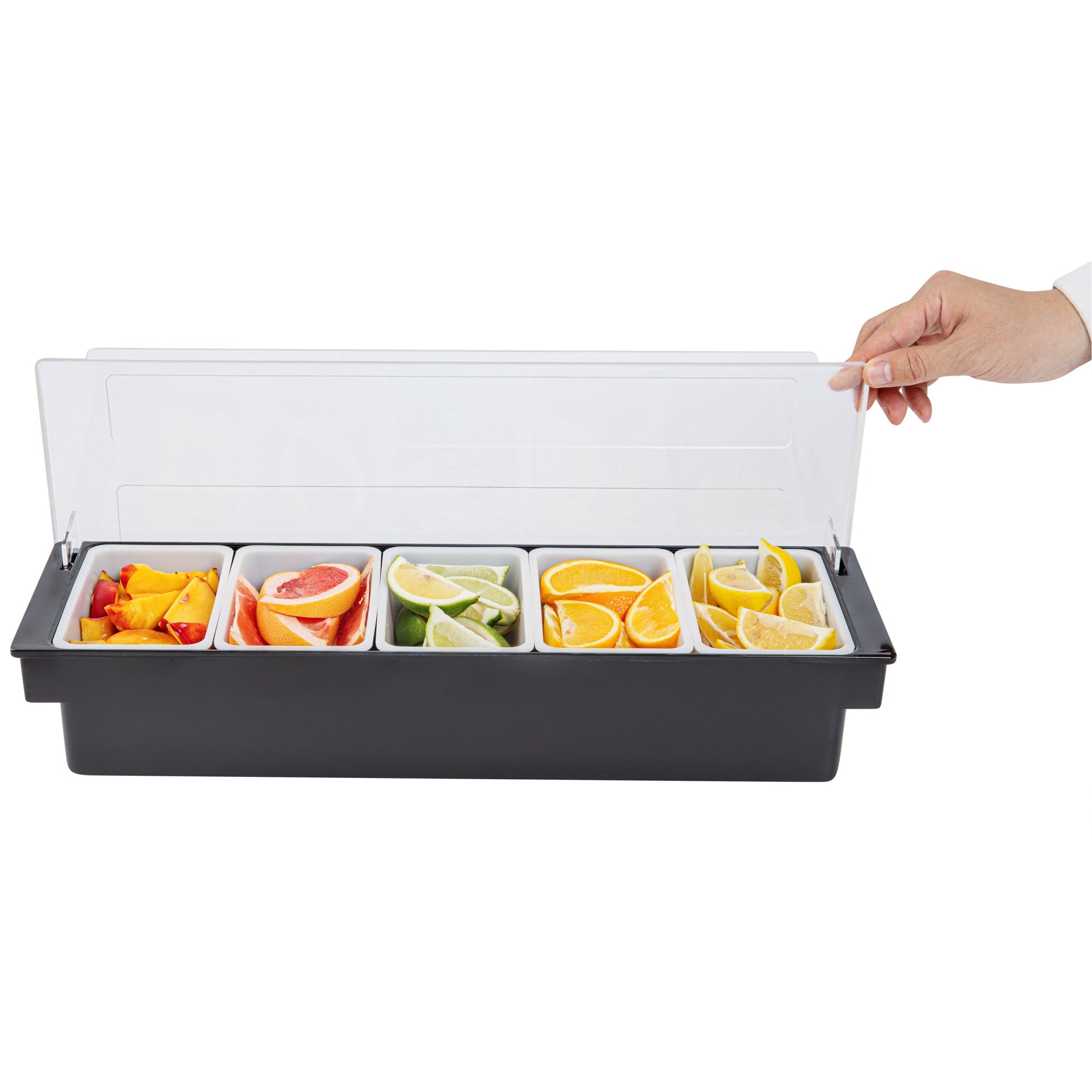 Bar Lux Black Plastic Condiment Caddy - 5 Compartments - 19 1/2" x 6 1/4" x 3 3/4" - 1 count box