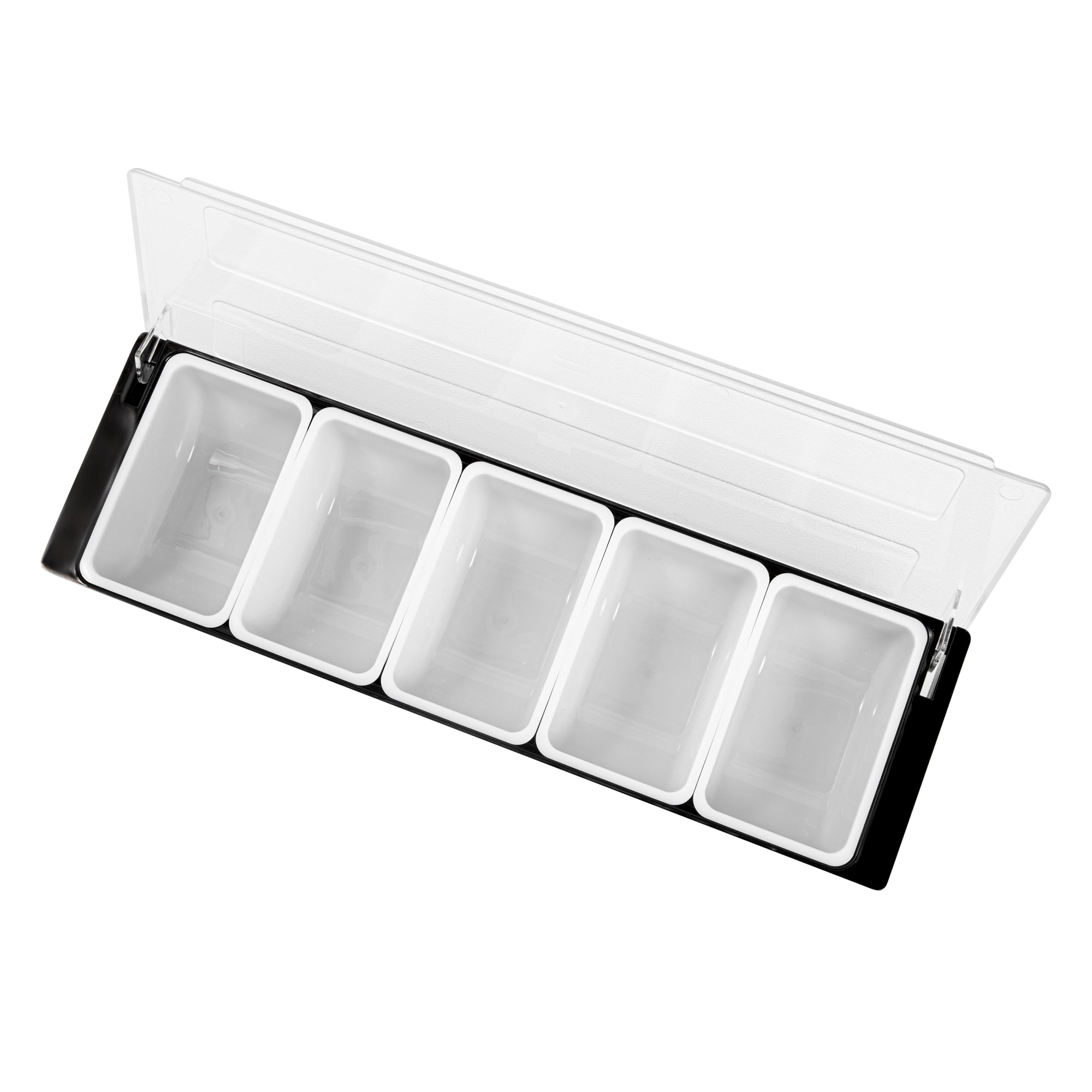 Bar Lux Black Plastic Condiment Caddy - 5 Compartments - 19 1/2" x 6 1/4" x 3 3/4" - 1 count box