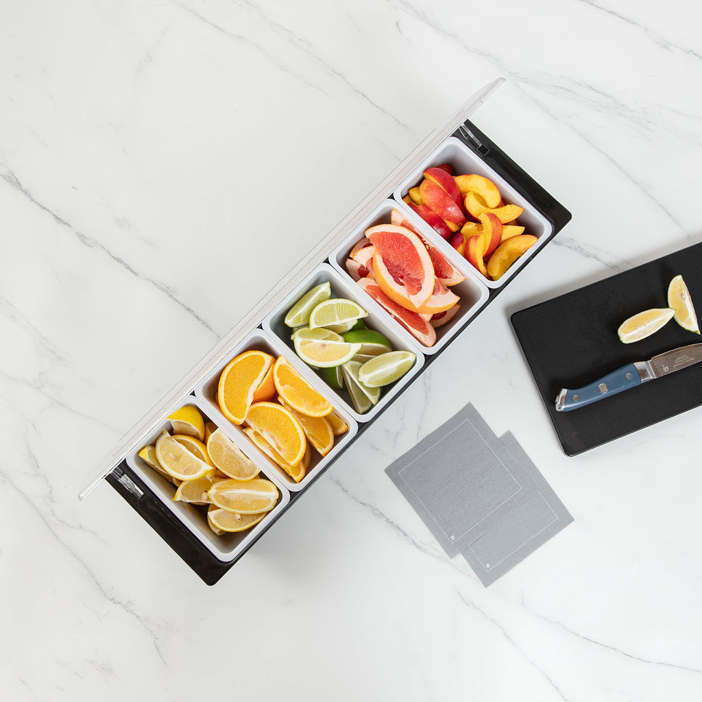 Bar Lux Black Plastic Condiment Caddy - 5 Compartments - 19 1/2" x 6 1/4" x 3 3/4" - 1 count box