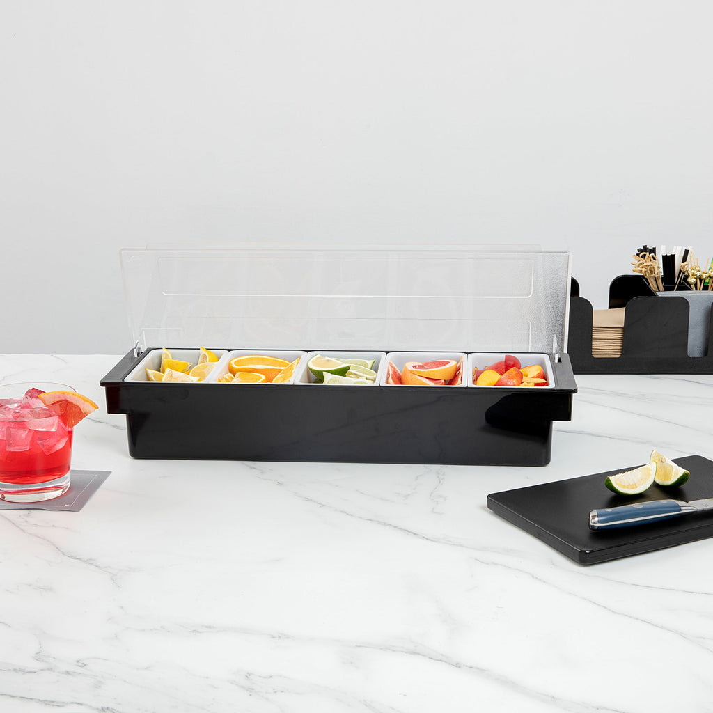 Bar Lux Black Plastic Condiment Caddy - 5 Compartments - 19 1/2" x 6 1/4" x 3 3/4" - 1 count box