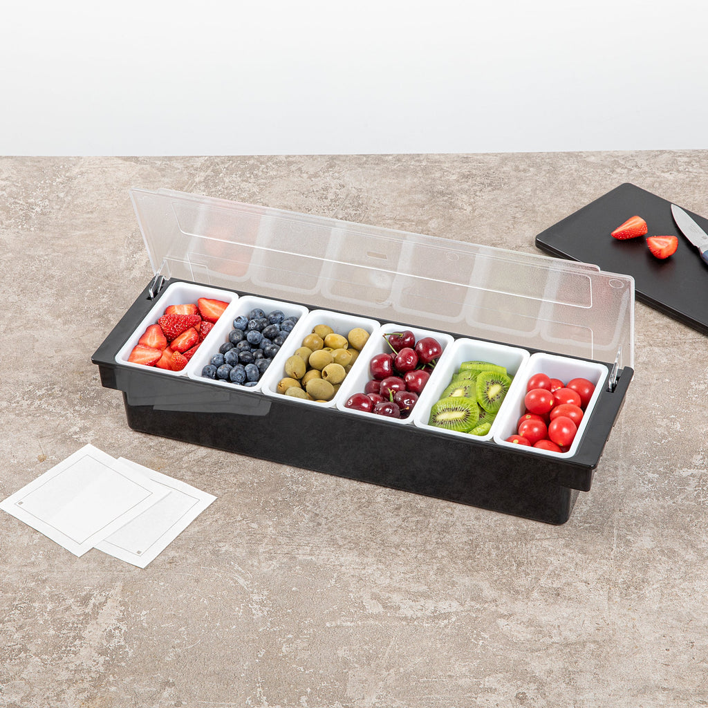 Bar Lux Black Plastic Condiment Caddy - 6 Compartments - 19 1/2" x 6 1/4" x 3 3/4" - 1 count box