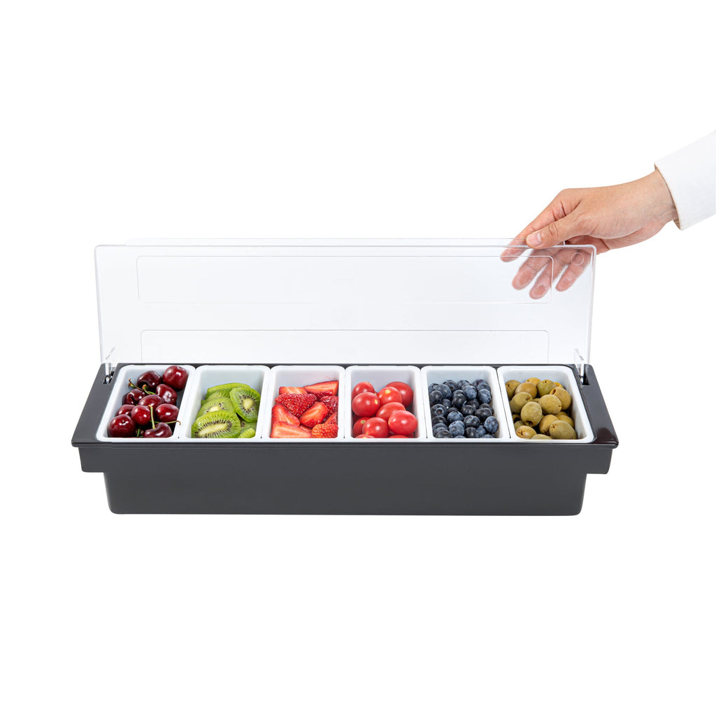 Bar Lux Black Plastic Condiment Caddy - 6 Compartments - 19 1/2" x 6 1/4" x 3 3/4" - 1 count box