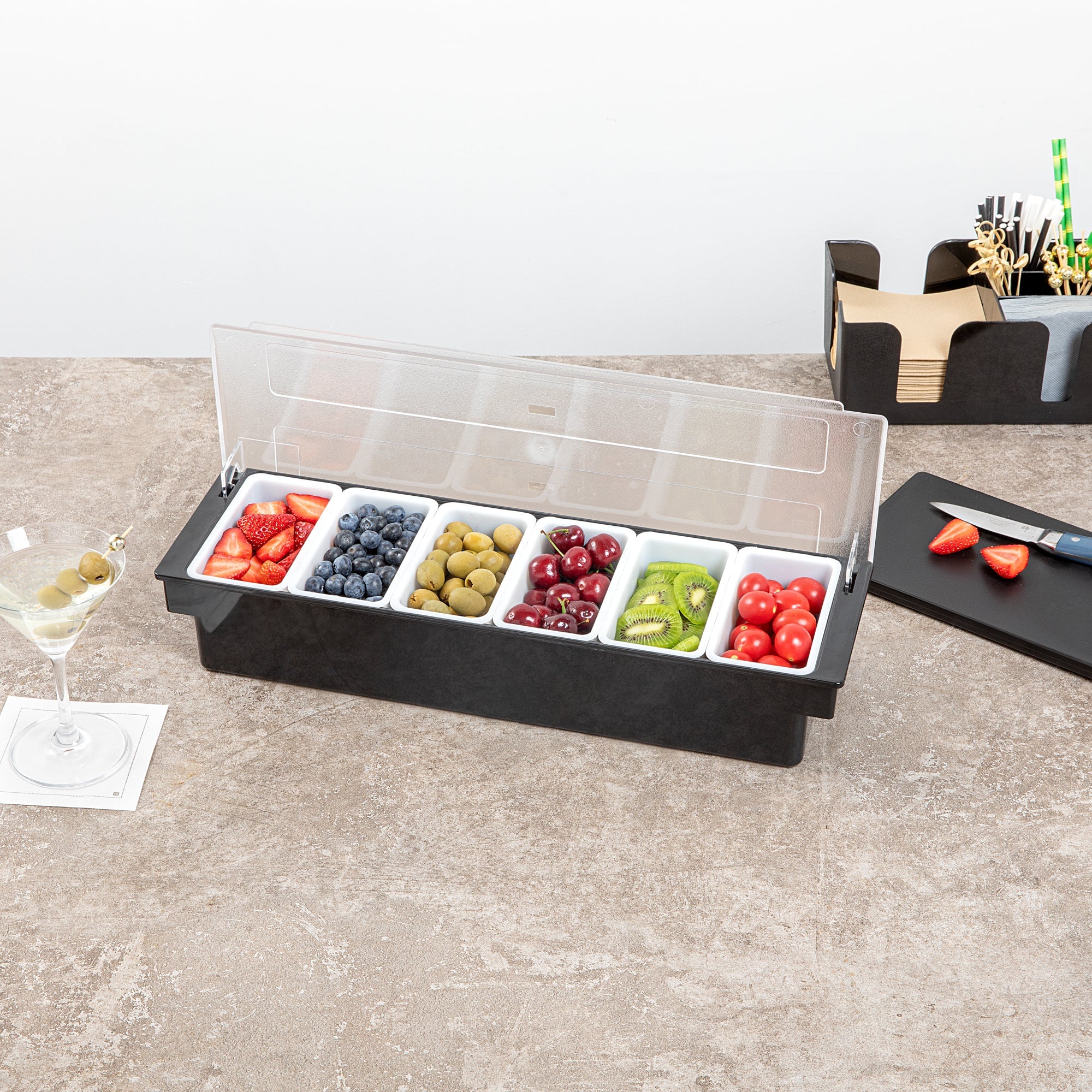 Bar Lux Black Plastic Condiment Caddy - 6 Compartments - 19 1/2" x 6 1/4" x 3 3/4" - 1 count box