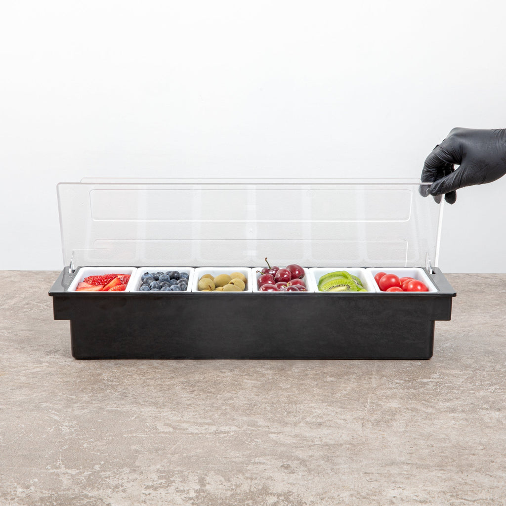 Bar Lux Black Plastic Condiment Caddy - 6 Compartments - 19 1/2" x 6 1/4" x 3 3/4" - 1 count box