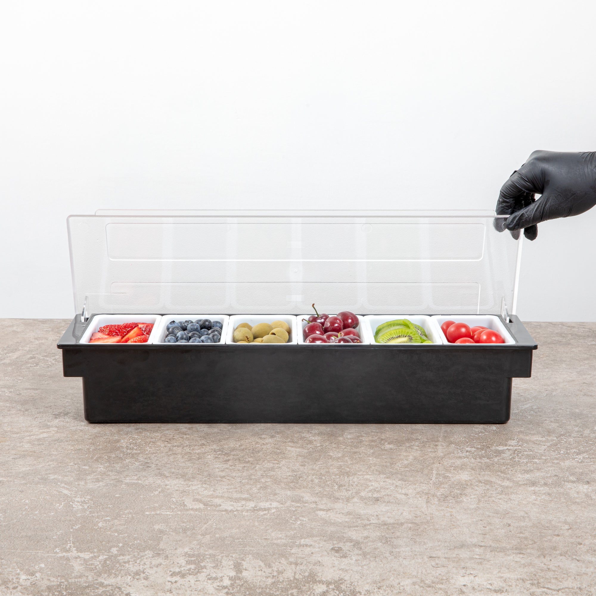 Bar Lux Black Plastic Condiment Caddy - 6 Compartments - 19 1/2" x 6 1/4" x 3 3/4" - 1 count box