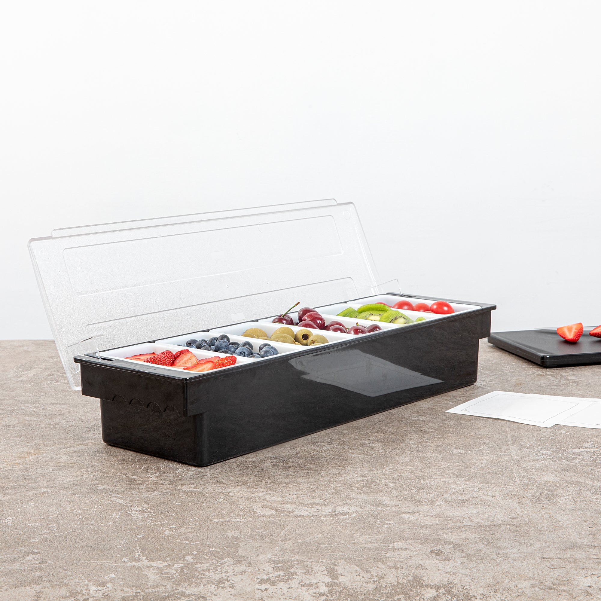 Bar Lux Black Plastic Condiment Caddy - 6 Compartments - 19 1/2" x 6 1/4" x 3 3/4" - 1 count box