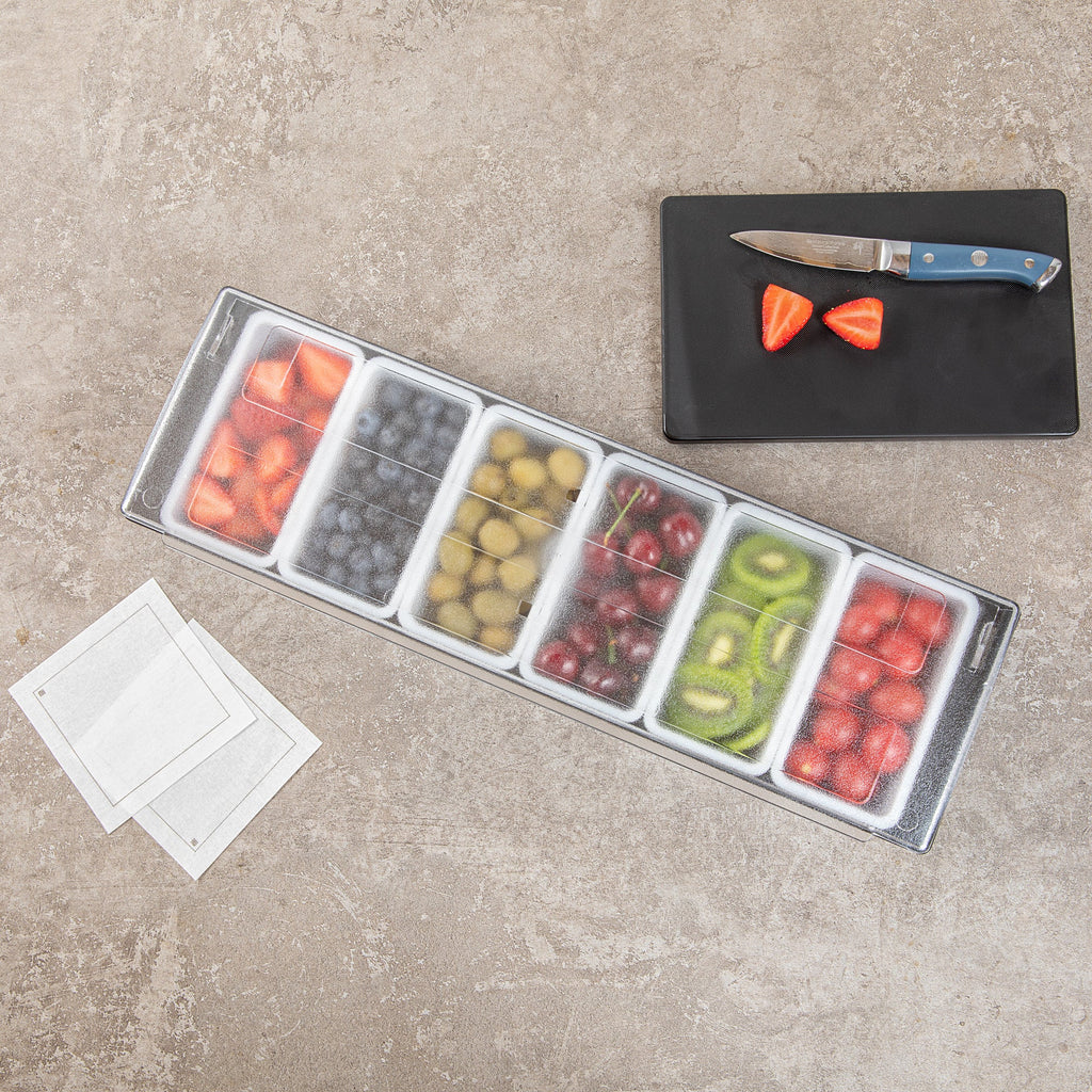 Bar Lux Black Plastic Condiment Caddy - 6 Compartments - 19 1/2" x 6 1/4" x 3 3/4" - 1 count box