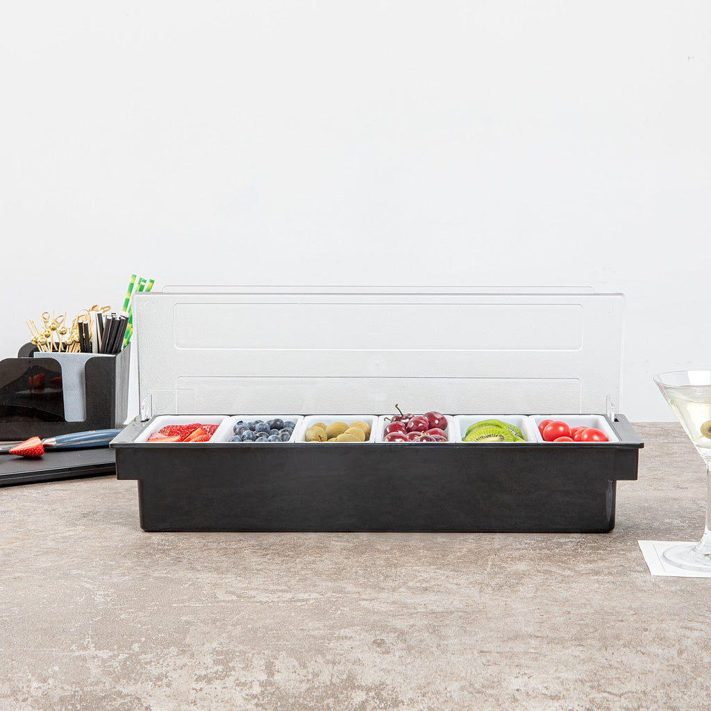 Bar Lux Black Plastic Condiment Caddy - 6 Compartments - 19 1/2" x 6 1/4" x 3 3/4" - 1 count box