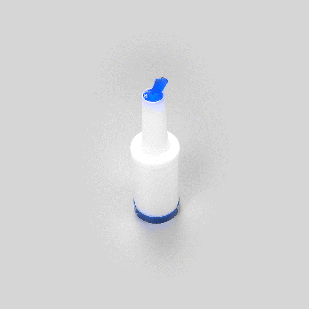 Bar Lux 1 qt Plastic Quick Pour Storage Container Bottle - with Blue Spout and Lid - 3 1/2" x 3 1/2" x 13" - 1 count box