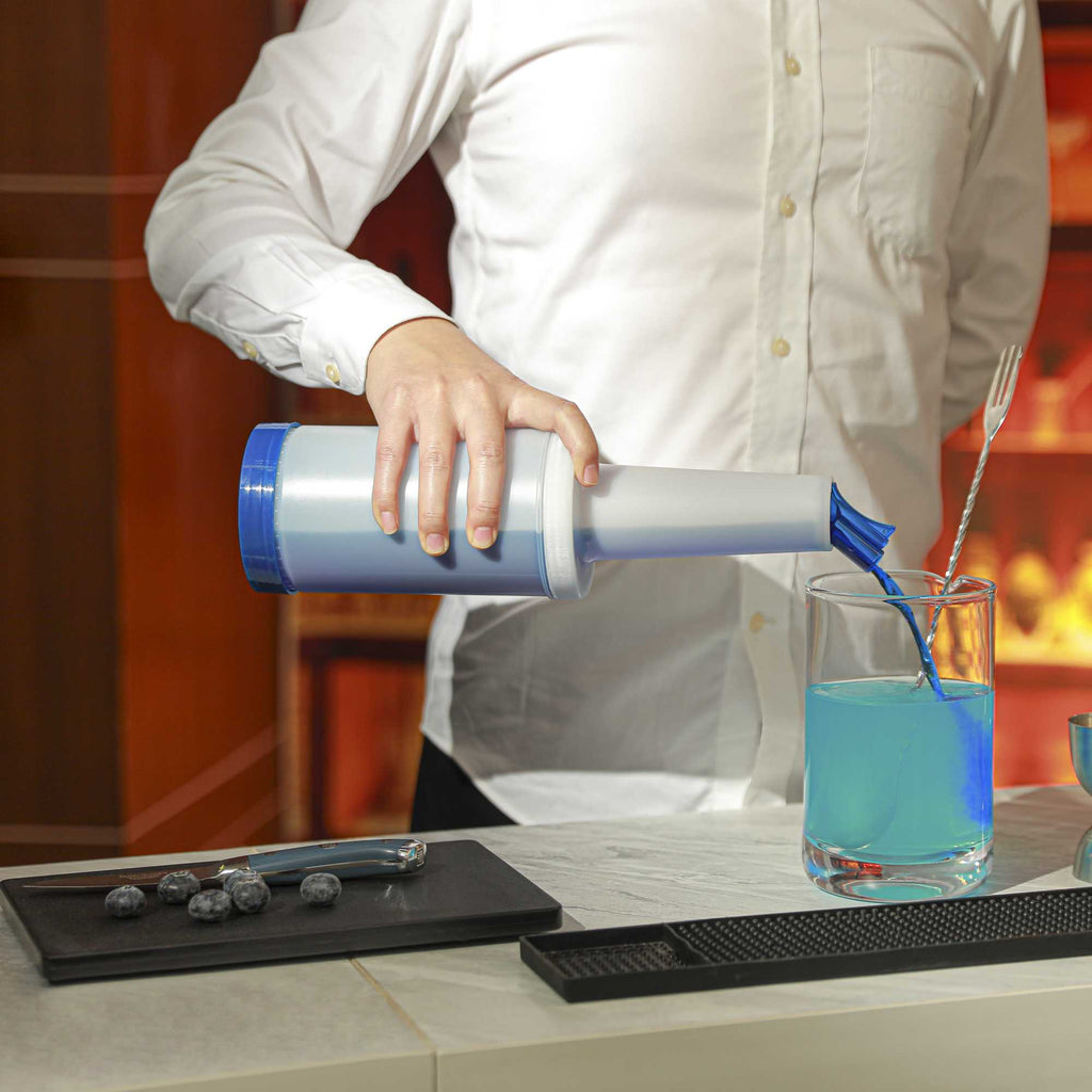 Bar Lux 1 qt Plastic Quick Pour Storage Container Bottle - with Blue Spout and Lid - 3 1/2" x 3 1/2" x 13" - 1 count box