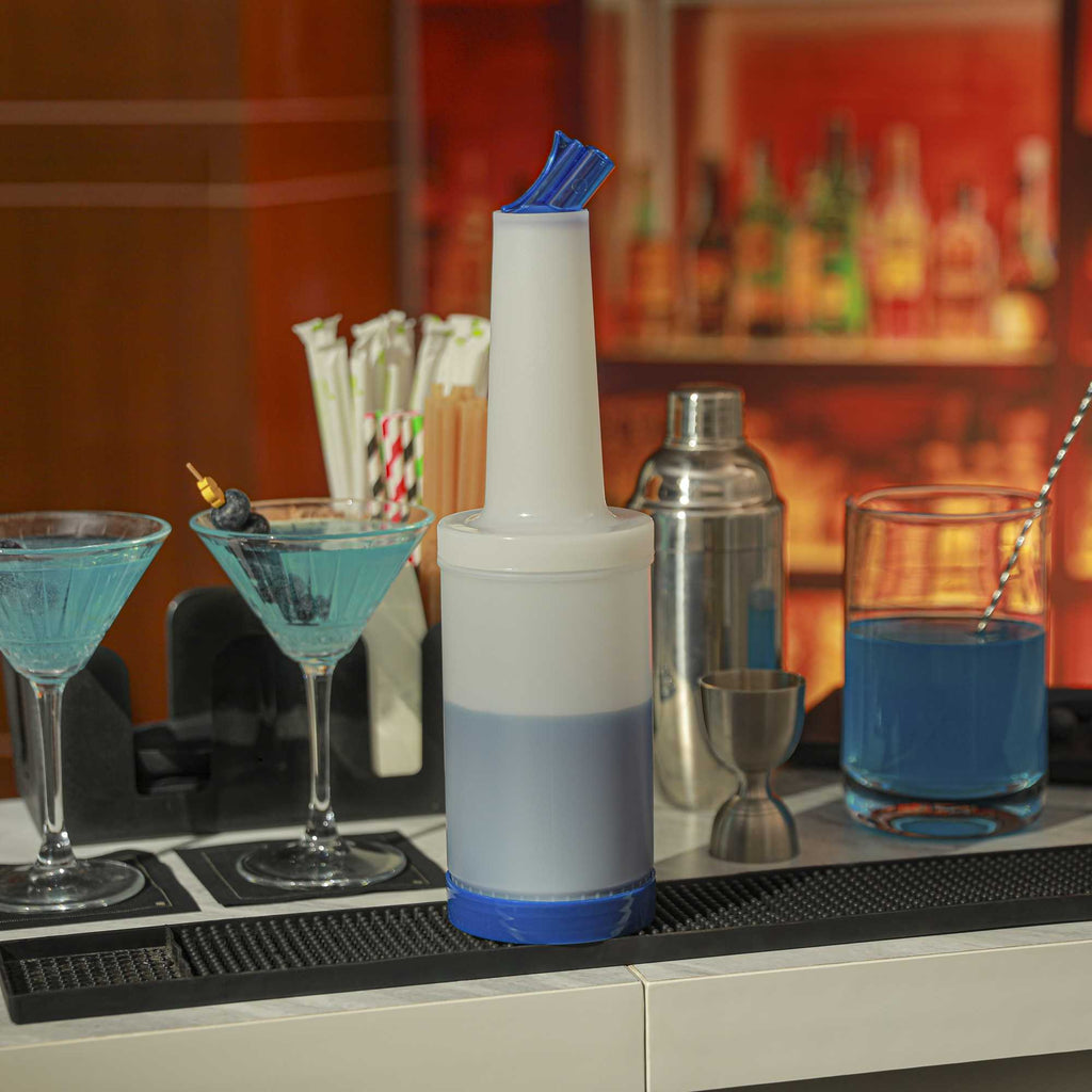 Bar Lux 1 qt Plastic Quick Pour Storage Container Bottle - with Blue Spout and Lid - 3 1/2" x 3 1/2" x 13" - 1 count box