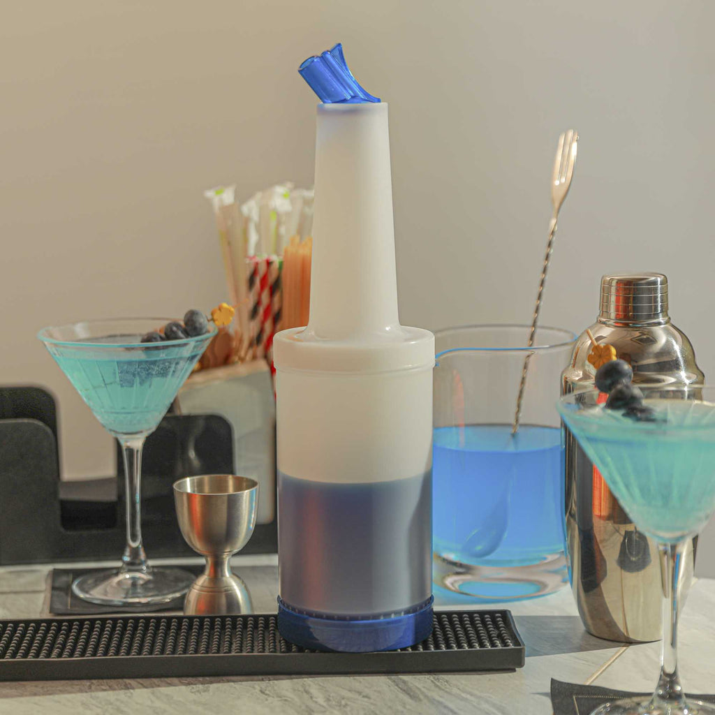 Bar Lux 1 qt Plastic Quick Pour Storage Container Bottle - with Blue Spout and Lid - 3 1/2" x 3 1/2" x 13" - 1 count box
