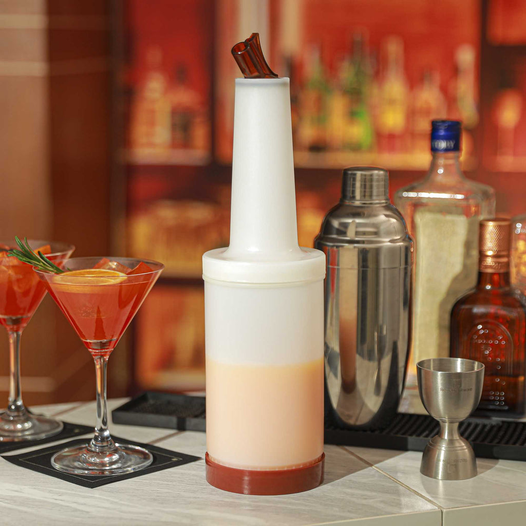 Bar Lux 1 qt Plastic Quick Pour Storage Container Bottle - with Brown Spout and Lid - 3 1/2" x 3 1/2" x 13" - 1 count box
