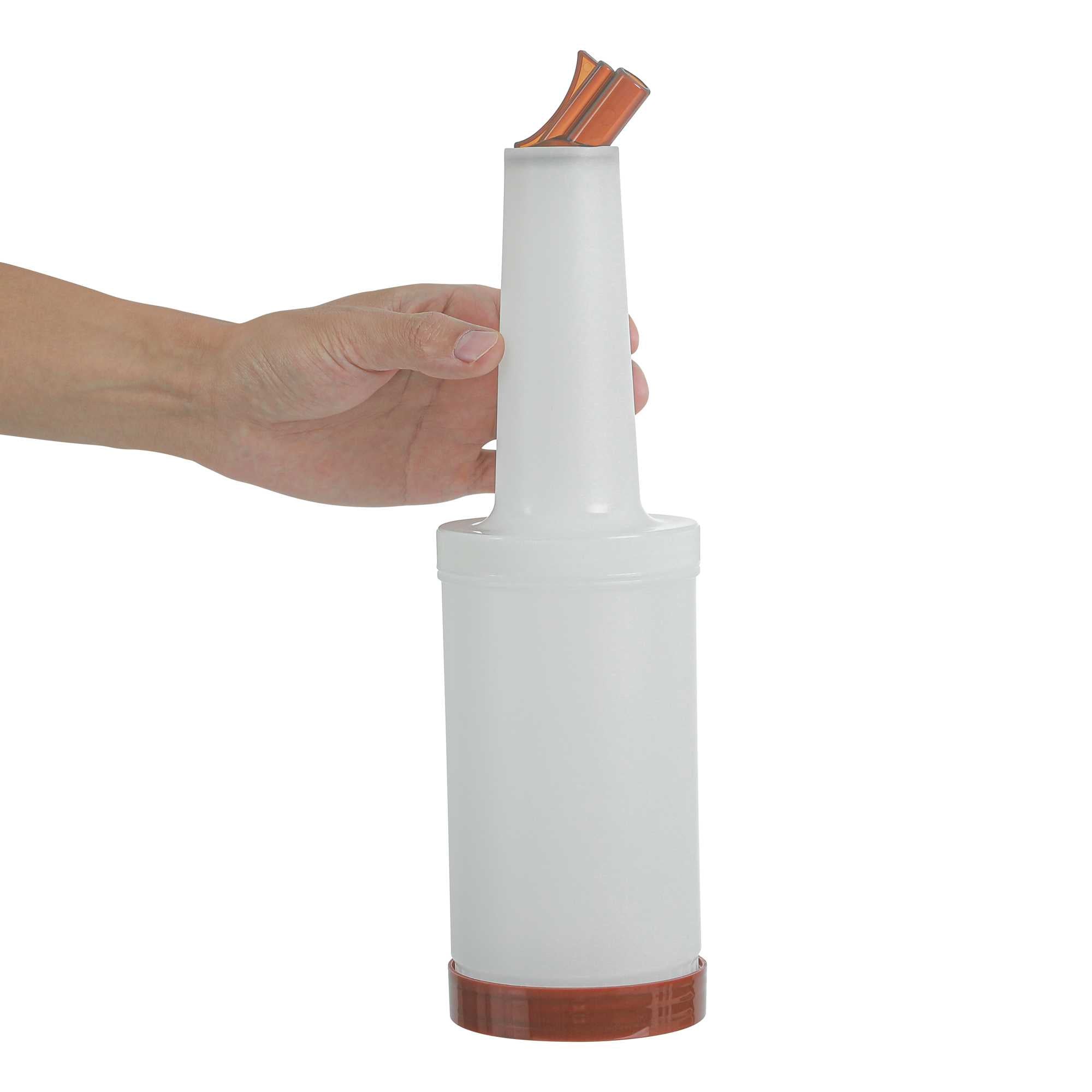 Bar Lux 1 qt Plastic Quick Pour Storage Container Bottle - with Brown Spout and Lid - 3 1/2" x 3 1/2" x 13" - 1 count box