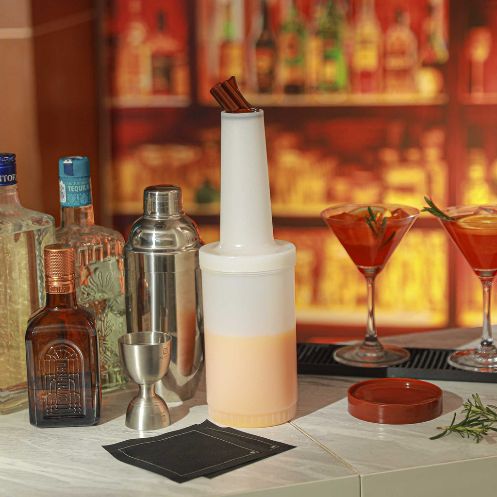 Bar Lux 1 qt Plastic Quick Pour Storage Container Bottle - with Brown Spout and Lid - 3 1/2" x 3 1/2" x 13" - 1 count box