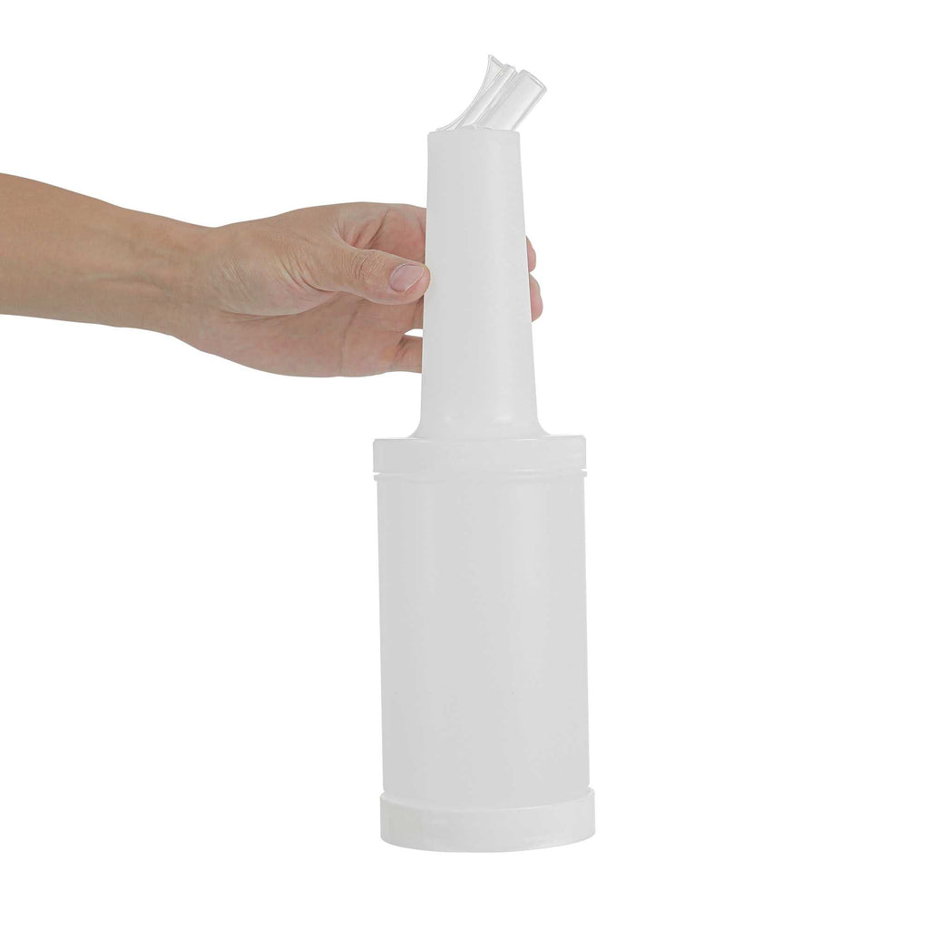 Bar Lux 1 qt Plastic Quick Pour Storage Container Bottle - with Clear Spout and Lid - 3 1/2" x 3 1/2" x 13" - 1 count box