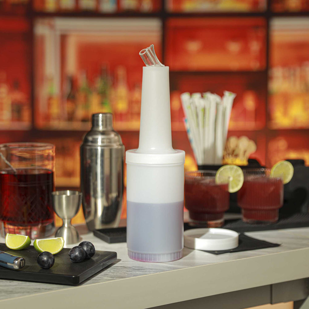 Bar Lux 1 qt Plastic Quick Pour Storage Container Bottle - with Clear Spout and Lid - 3 1/2" x 3 1/2" x 13" - 1 count box