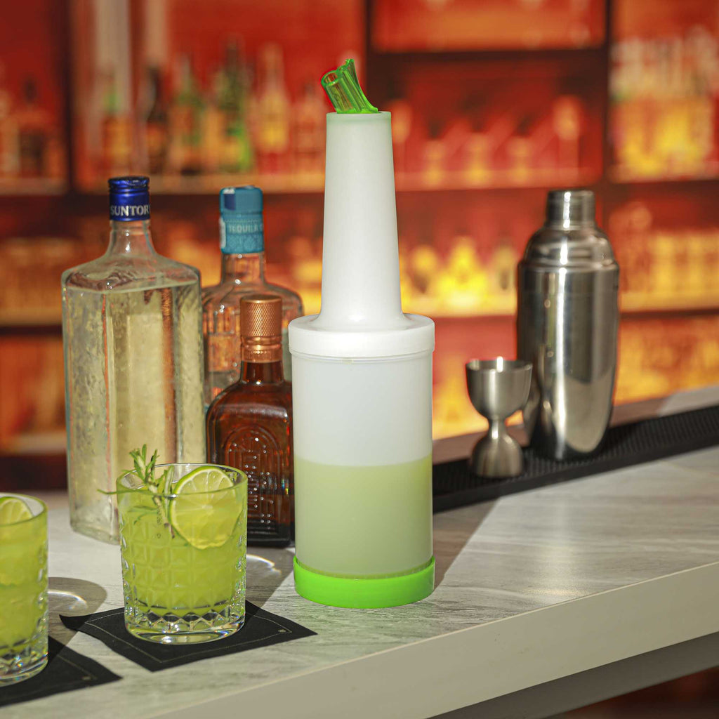 Bar Lux 1 qt Plastic Quick Pour Storage Container Bottle - with Green Spout and Lid - 3 1/2" x 3 1/2" x 13" - 1 count box