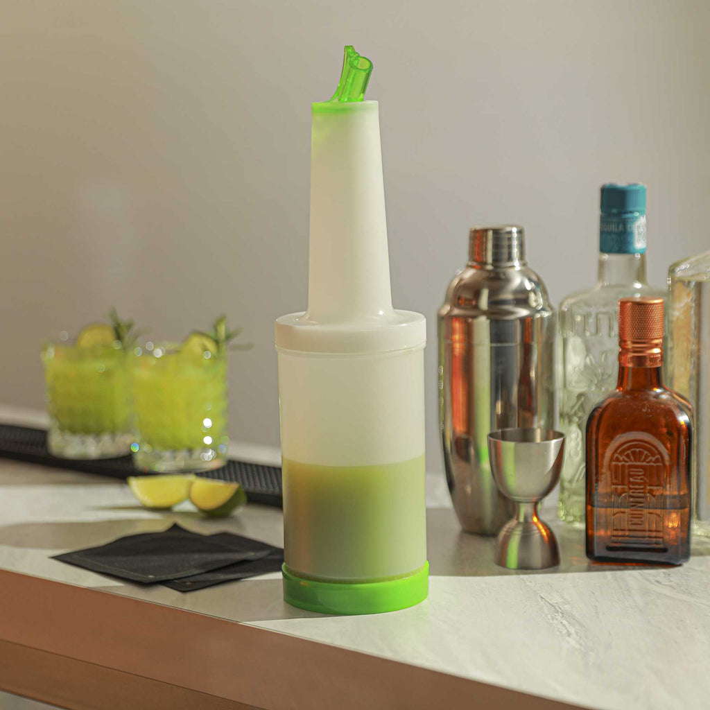 Bar Lux 1 qt Plastic Quick Pour Storage Container Bottle - with Green Spout and Lid - 3 1/2" x 3 1/2" x 13" - 1 count box