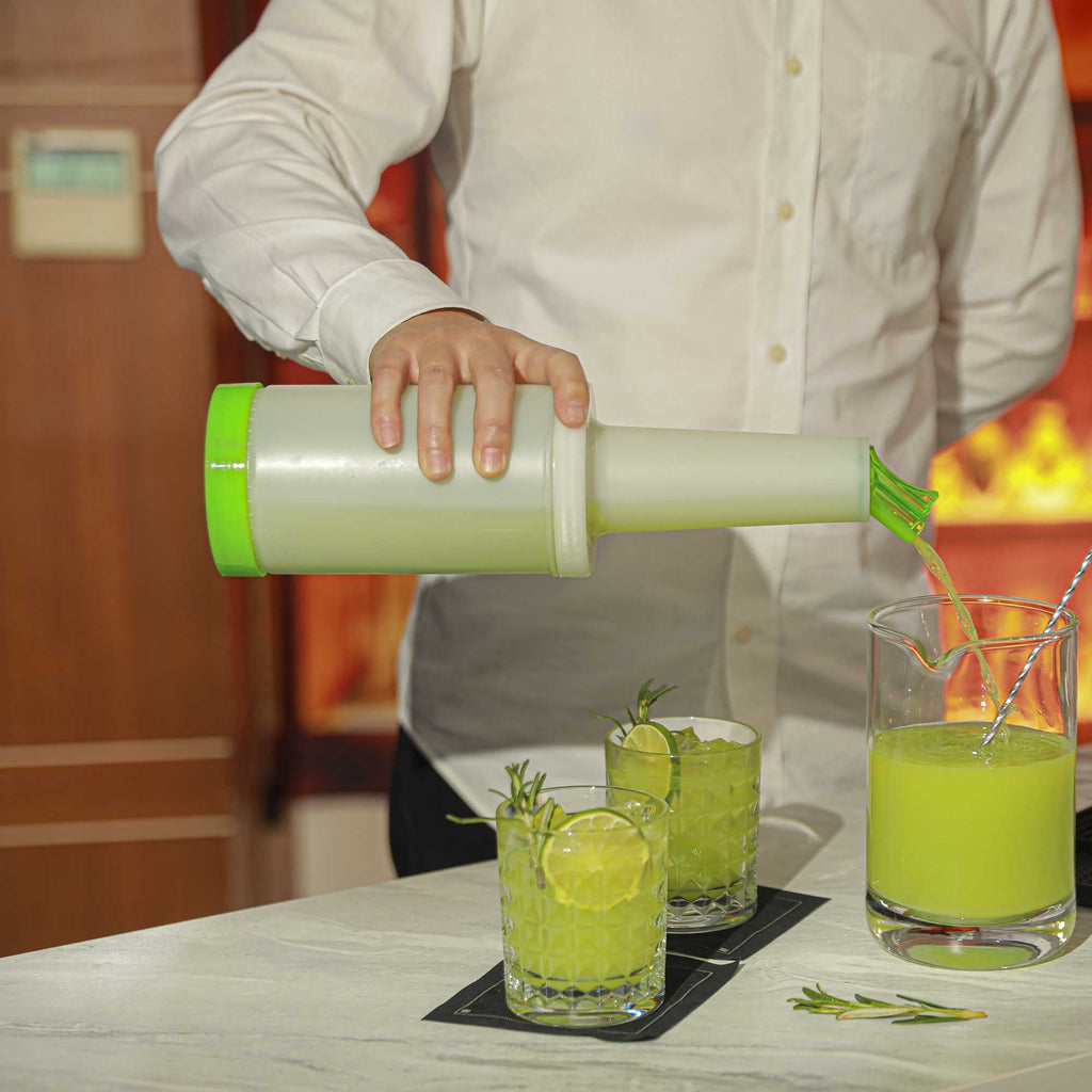 Bar Lux 1 qt Plastic Quick Pour Storage Container Bottle - with Green Spout and Lid - 3 1/2" x 3 1/2" x 13" - 1 count box