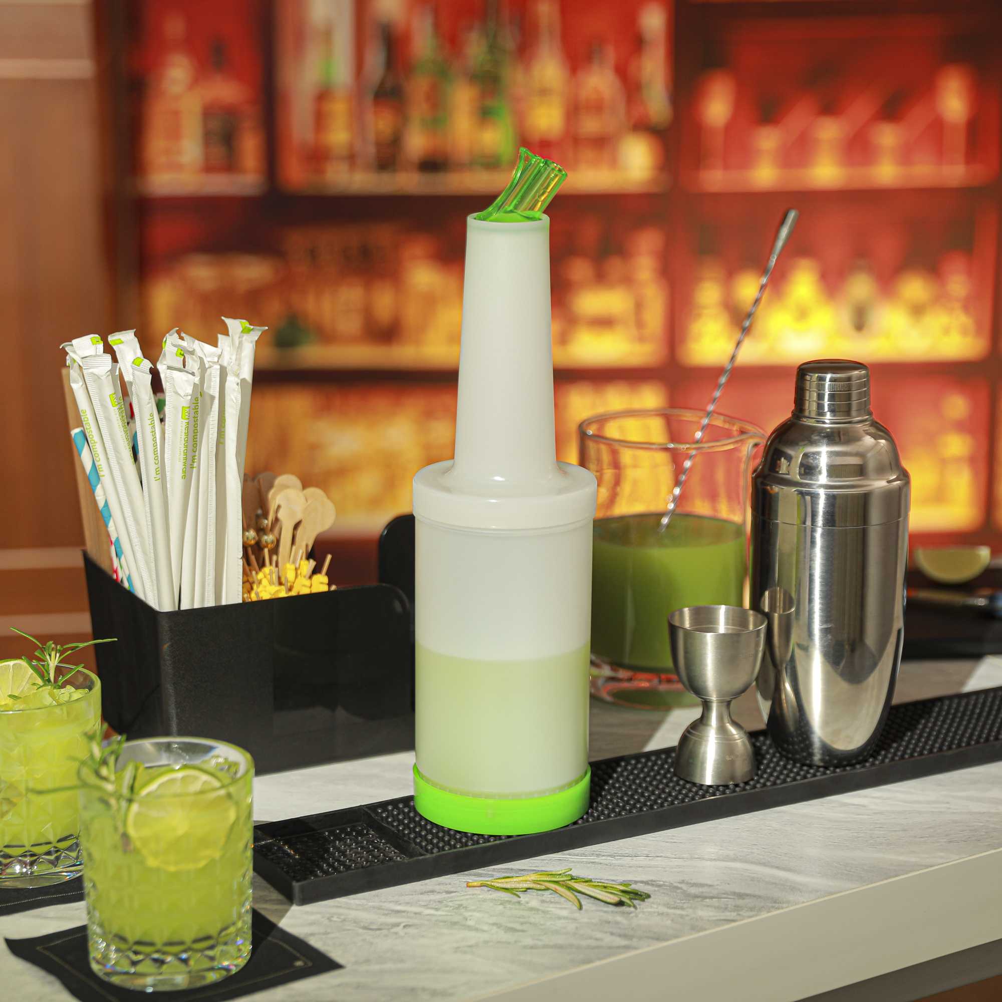 Bar Lux 1 qt Plastic Quick Pour Storage Container Bottle - with Green Spout and Lid - 3 1/2" x 3 1/2" x 13" - 1 count box