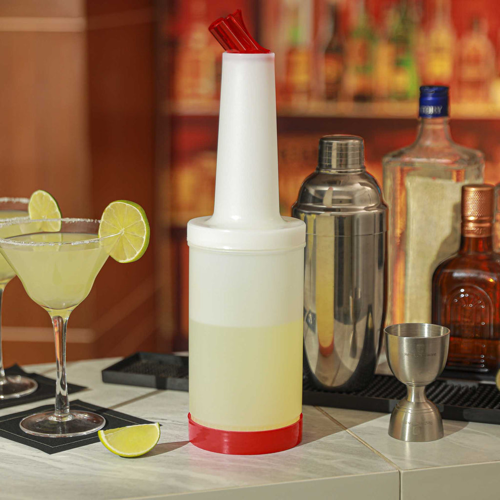 Bar Lux 1 qt Plastic Quick Pour Storage Container Bottle - with Red Spout and Lid - 3 1/2" x 3 1/2" x 13" - 1 count box