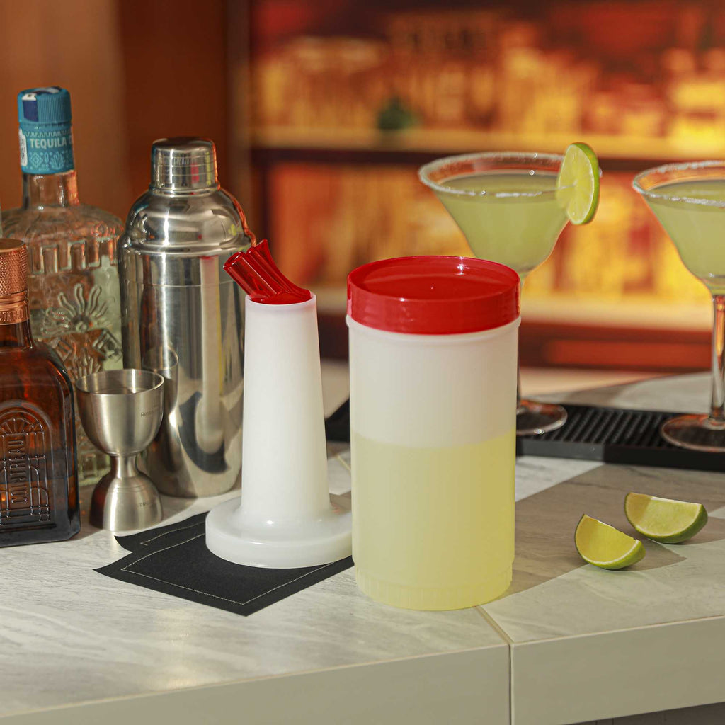 Bar Lux 1 qt Plastic Quick Pour Storage Container Bottle - with Red Spout and Lid - 3 1/2" x 3 1/2" x 13" - 1 count box