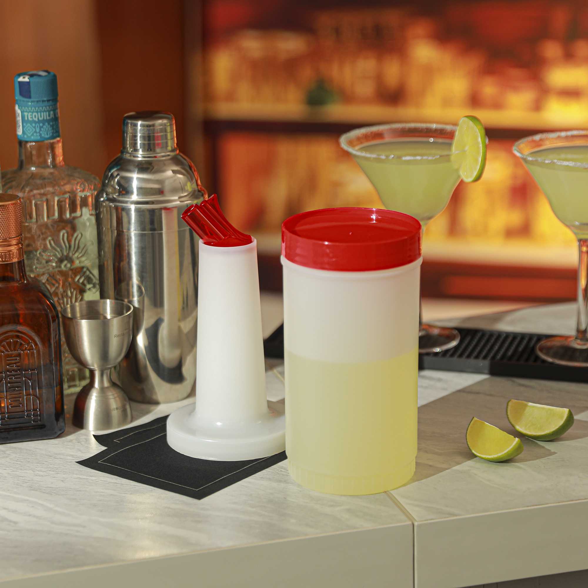 Bar Lux 1 qt Plastic Quick Pour Storage Container Bottle - with Red Spout and Lid - 3 1/2" x 3 1/2" x 13" - 1 count box