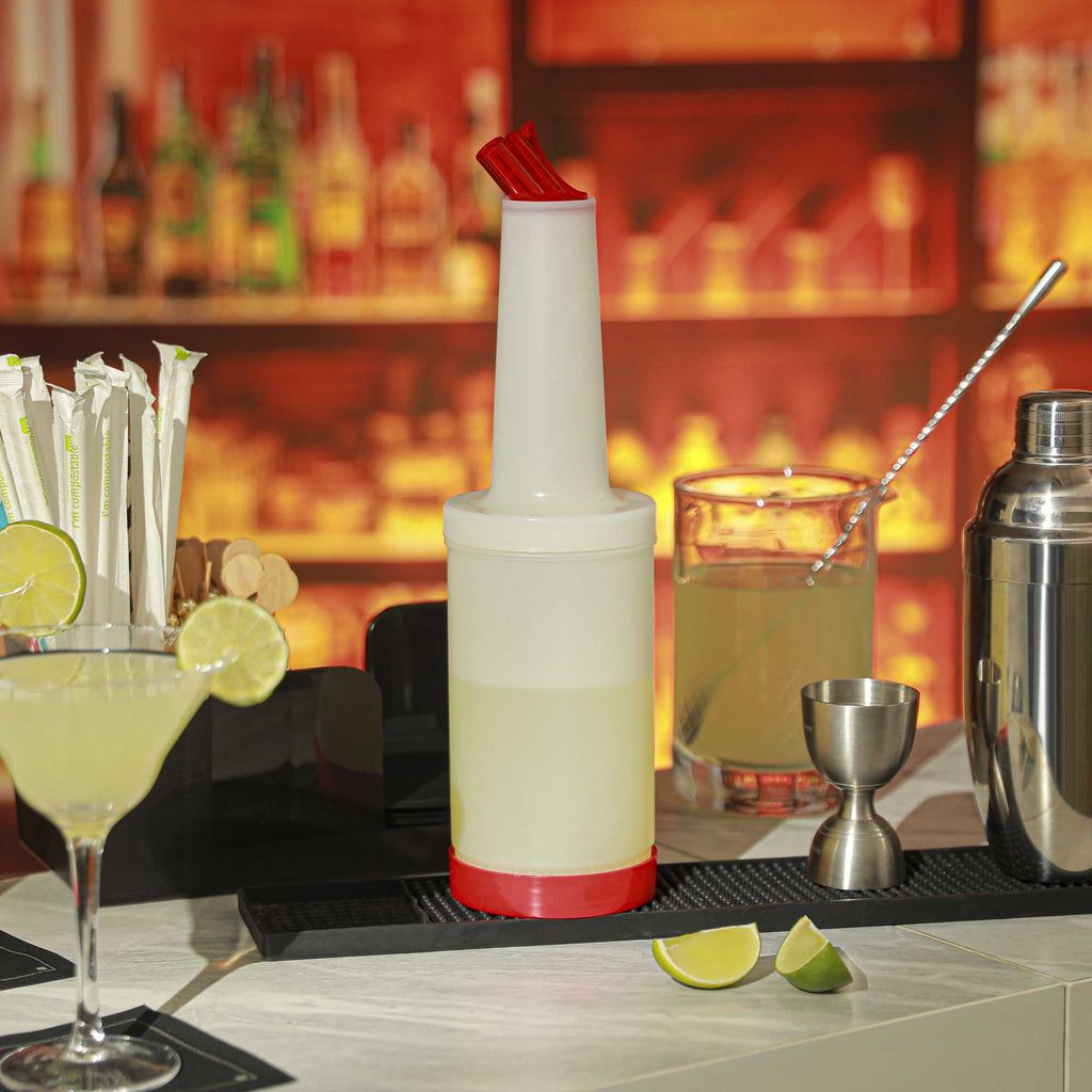 Bar Lux 1 qt Plastic Quick Pour Storage Container Bottle - with Red Spout and Lid - 3 1/2" x 3 1/2" x 13" - 1 count box