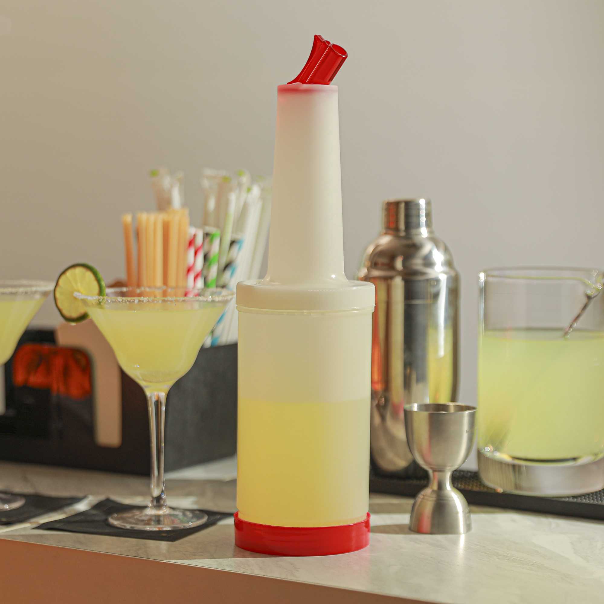 Bar Lux 1 qt Plastic Quick Pour Storage Container Bottle - with Red Spout and Lid - 3 1/2" x 3 1/2" x 13" - 1 count box