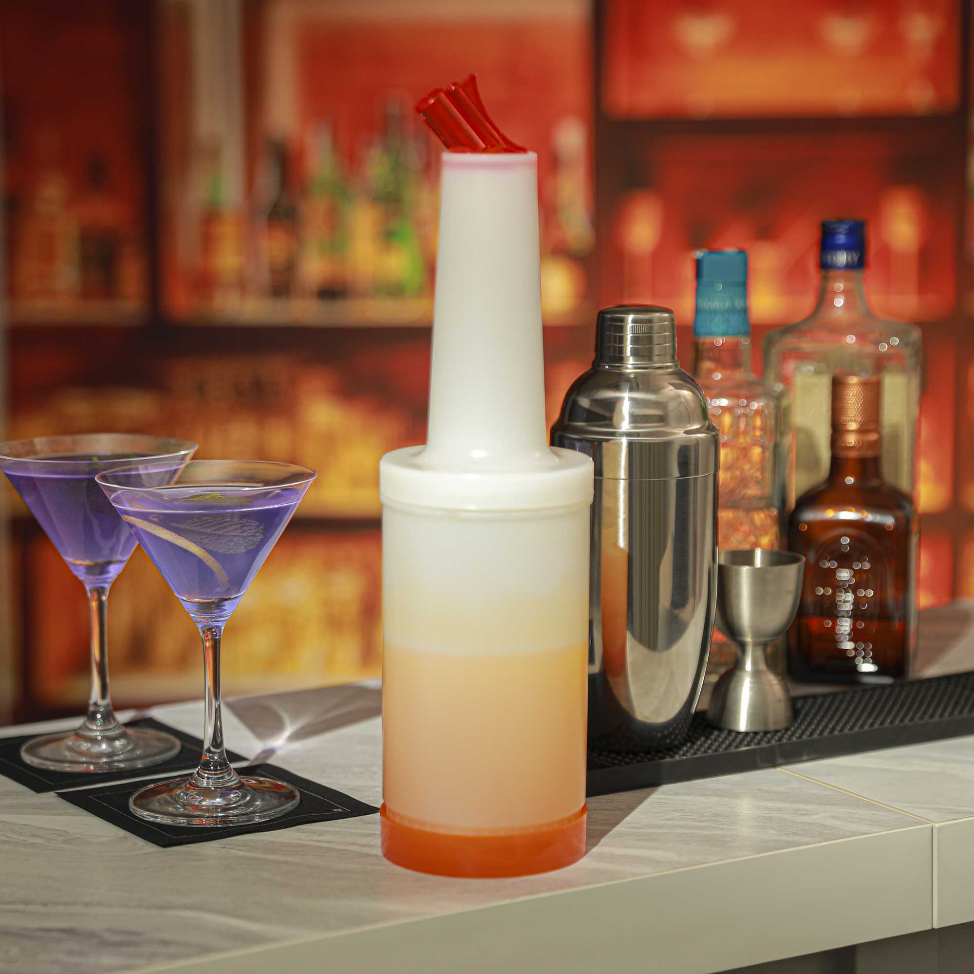 Bar Lux 1 qt Plastic Quick Pour Storage Container Bottle - with Orange Spout and Lid - 3 1/2" x 3 1/2" x 13" - 1 count box