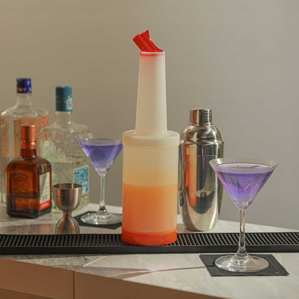 Bar Lux 1 qt Plastic Quick Pour Storage Container Bottle - with Orange Spout and Lid - 3 1/2" x 3 1/2" x 13" - 1 count box