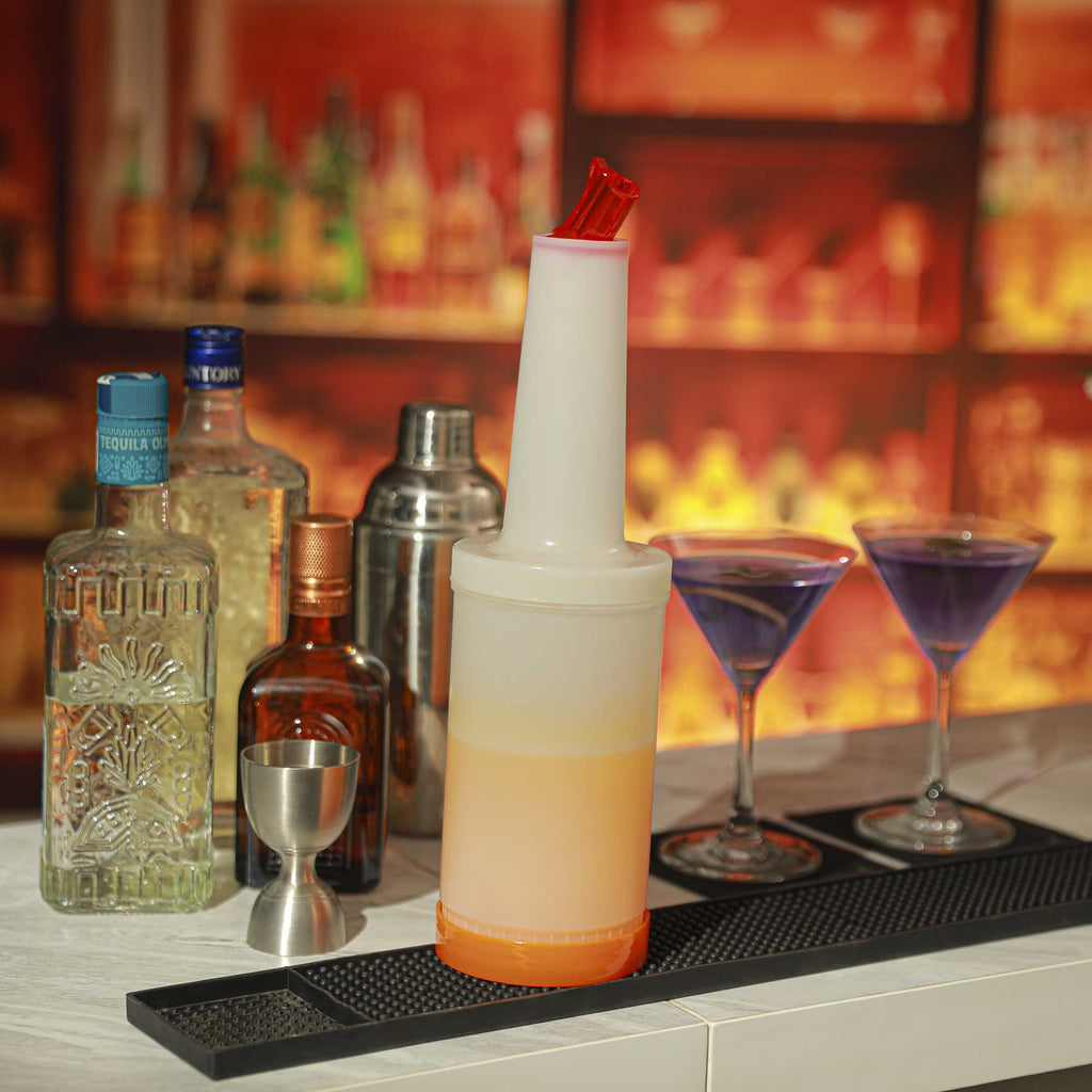 Bar Lux 1 qt Plastic Quick Pour Storage Container Bottle - with Orange Spout and Lid - 3 1/2" x 3 1/2" x 13" - 1 count box