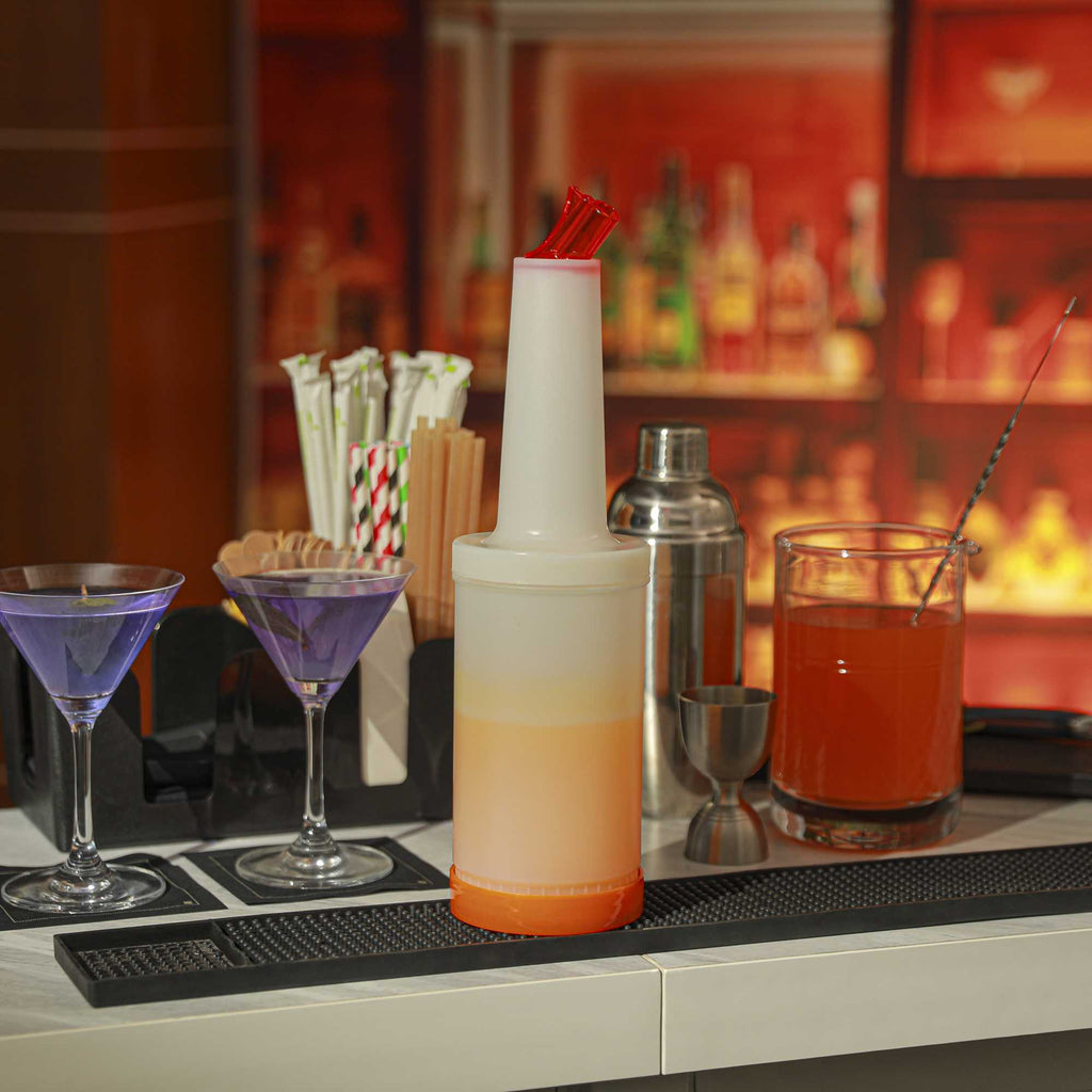 Bar Lux 1 qt Plastic Quick Pour Storage Container Bottle - with Orange Spout and Lid - 3 1/2" x 3 1/2" x 13" - 1 count box