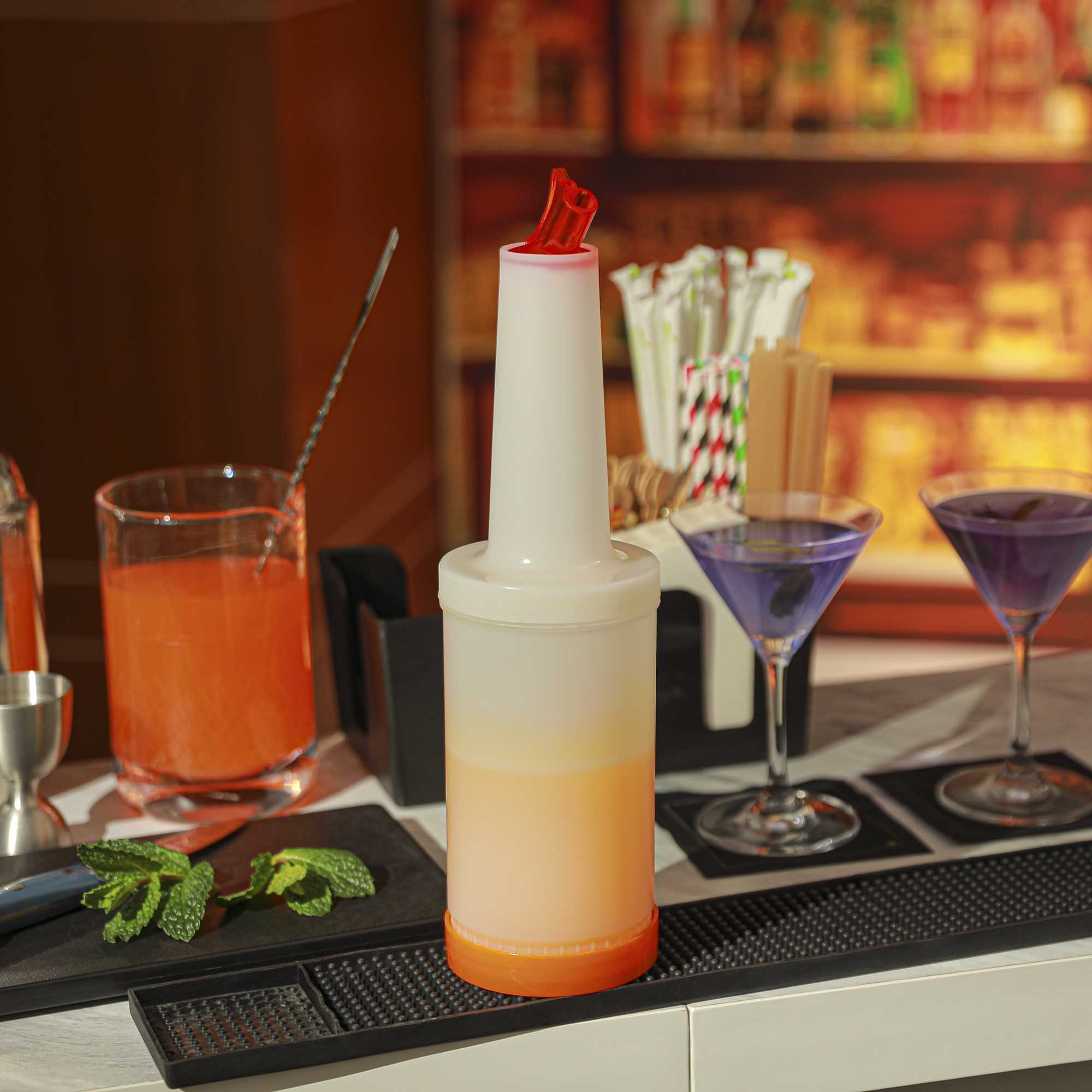 Bar Lux 1 qt Plastic Quick Pour Storage Container Bottle - with Orange Spout and Lid - 3 1/2" x 3 1/2" x 13" - 1 count box