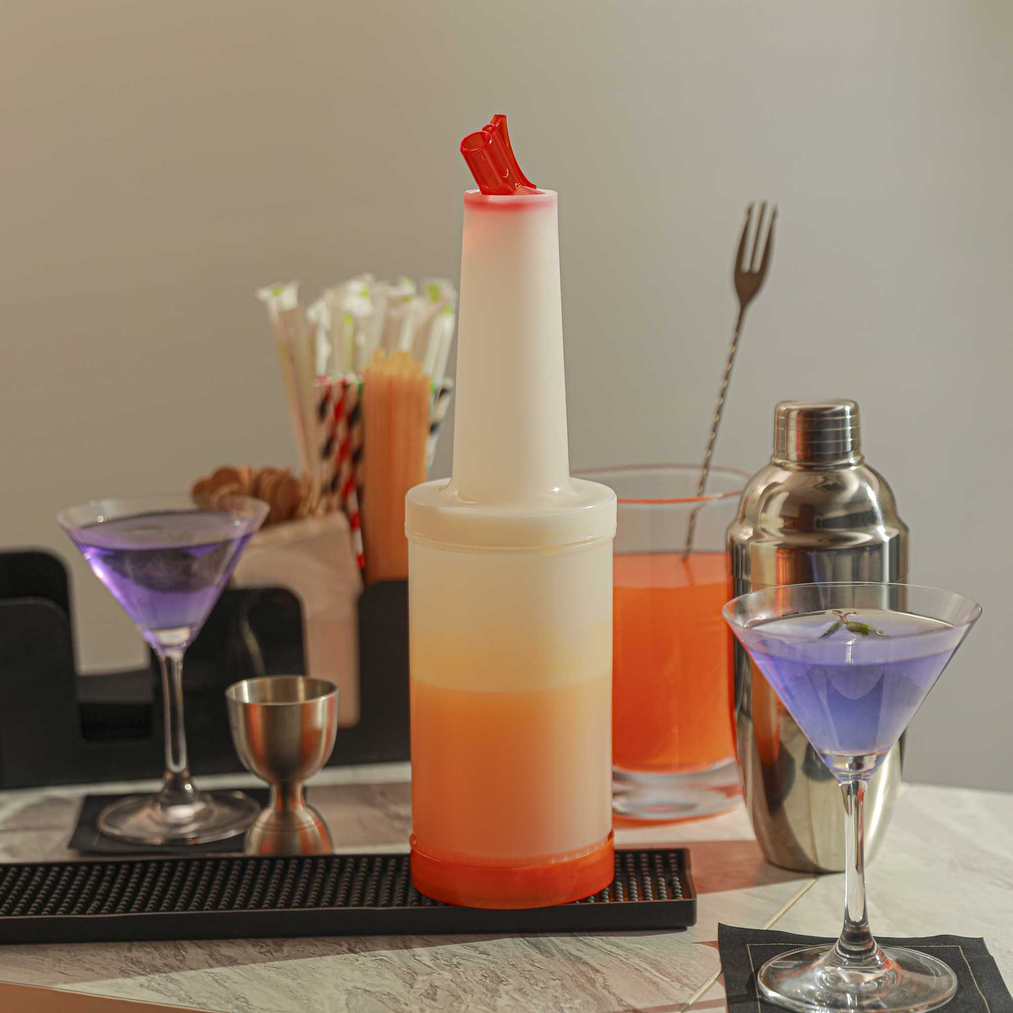 Bar Lux 1 qt Plastic Quick Pour Storage Container Bottle - with Orange Spout and Lid - 3 1/2" x 3 1/2" x 13" - 1 count box