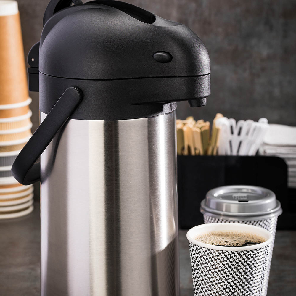 Met Lux 2.2L Silver Stainless Steel Airpot Coffee Dispenser - Pump Lever, 24 hr Heat Retention - 6" x 6" x 14" - 1 count box