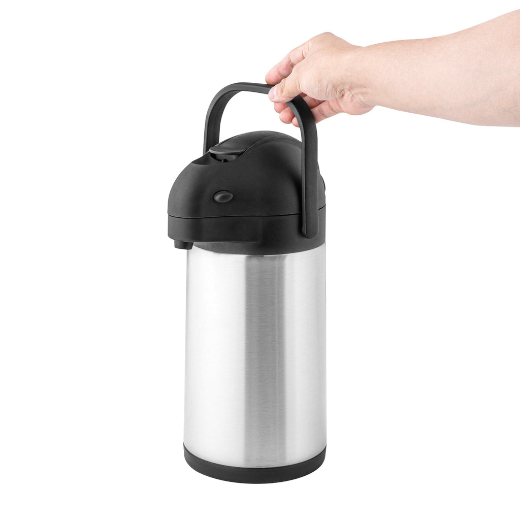 Met Lux 2.2L Silver Stainless Steel Airpot Coffee Dispenser - Pump Lever, 24 hr Heat Retention - 6" x 6" x 14" - 1 count box