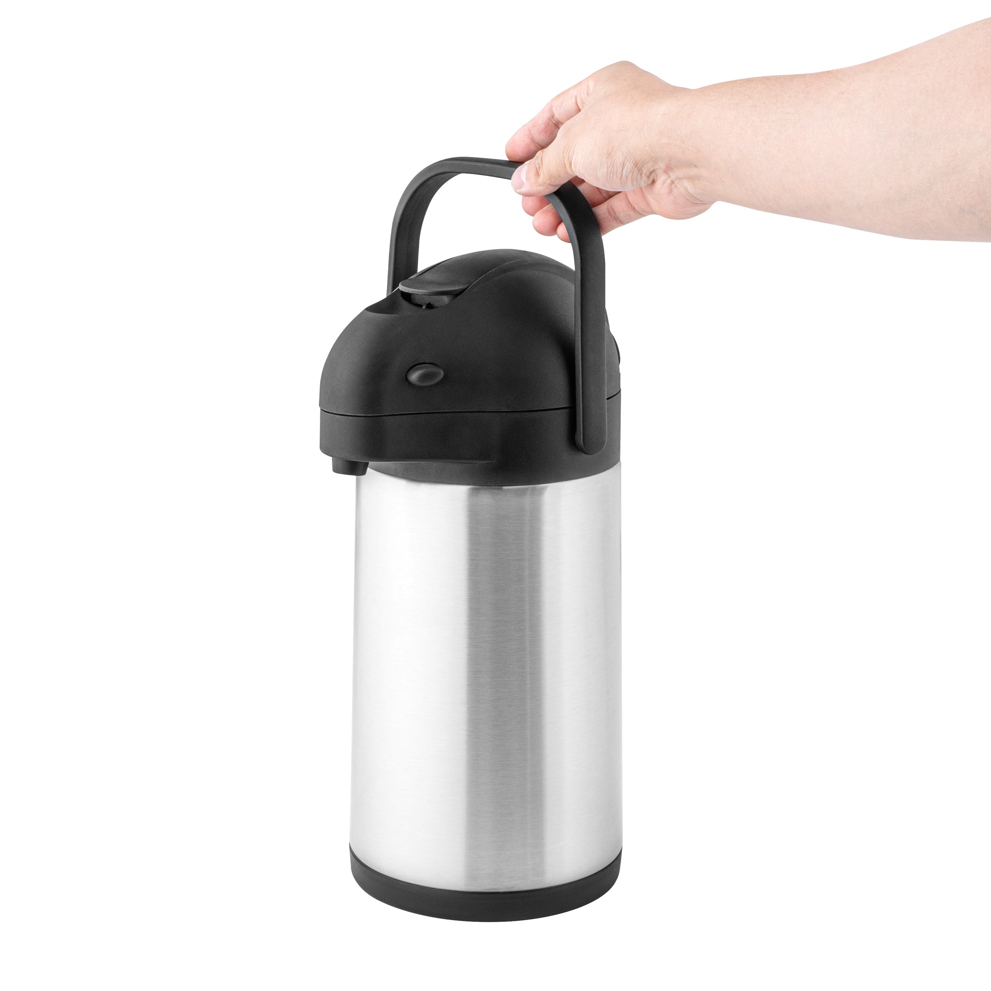 Met Lux 2.2L Silver Stainless Steel Airpot Coffee Dispenser - Pump Lever, 24 hr Heat Retention - 6" x 6" x 14" - 1 count box