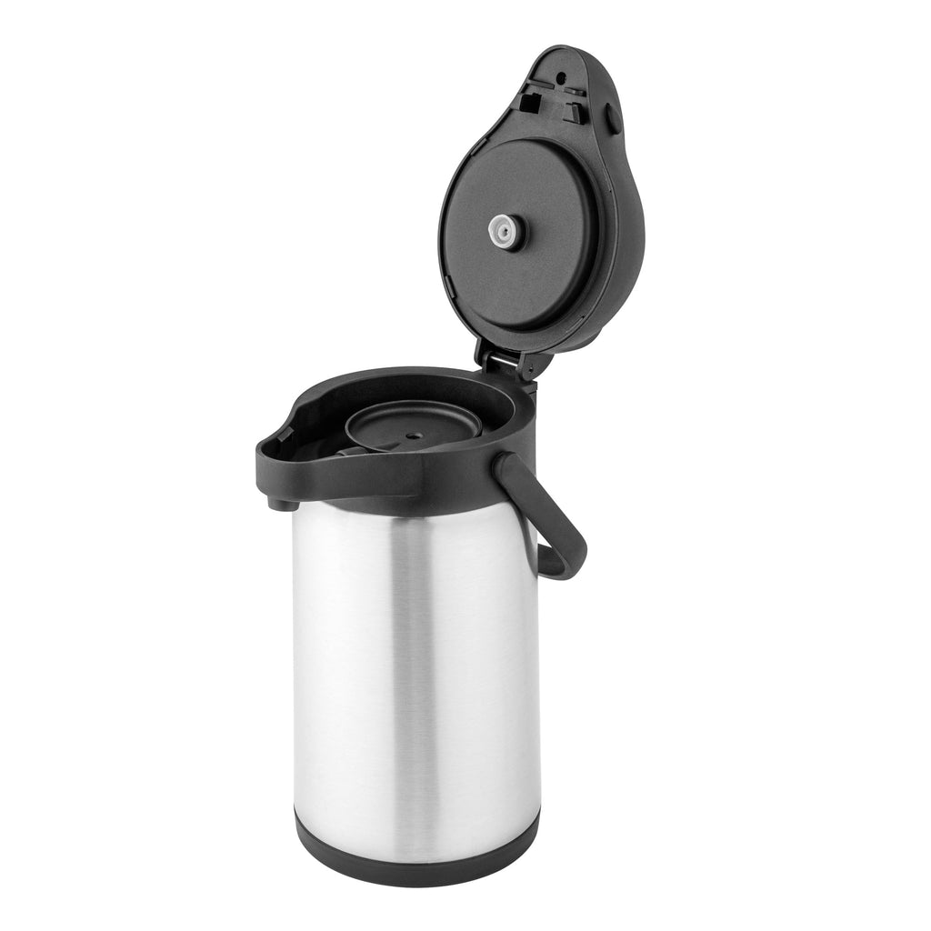 Met Lux 2.2L Silver Stainless Steel Airpot Coffee Dispenser - Pump Lever, 24 hr Heat Retention - 6" x 6" x 14" - 1 count box