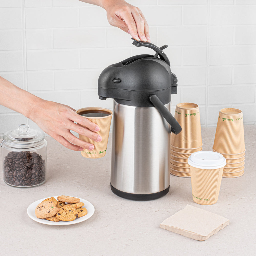 Met Lux 2.2L Silver Stainless Steel Airpot Coffee Dispenser - Pump Lever, 24 hr Heat Retention - 6" x 6" x 14" - 1 count box
