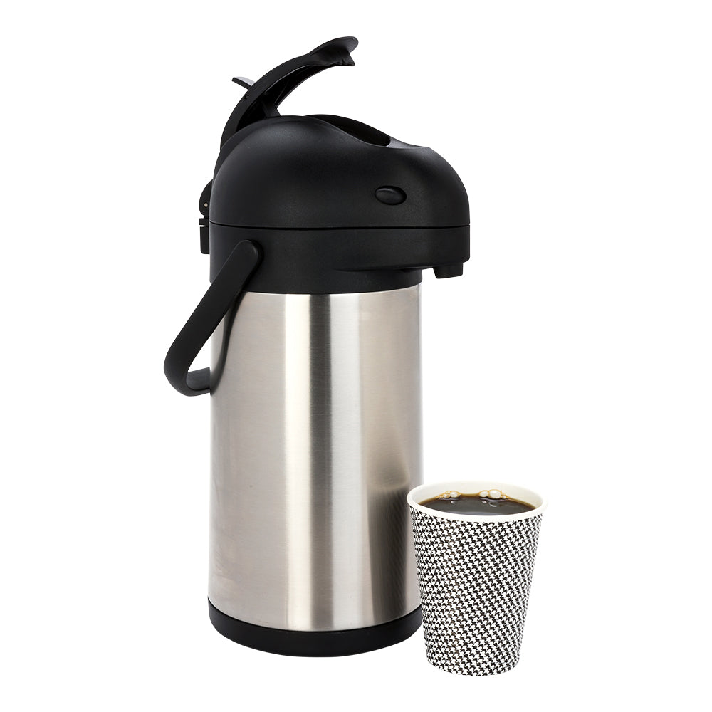 Met Lux 3L Silver Stainless Steel Airpot Coffee Dispenser - Pump Lever, 24 hr Heat Retention - 6" x 6" x 16" - 1 count box