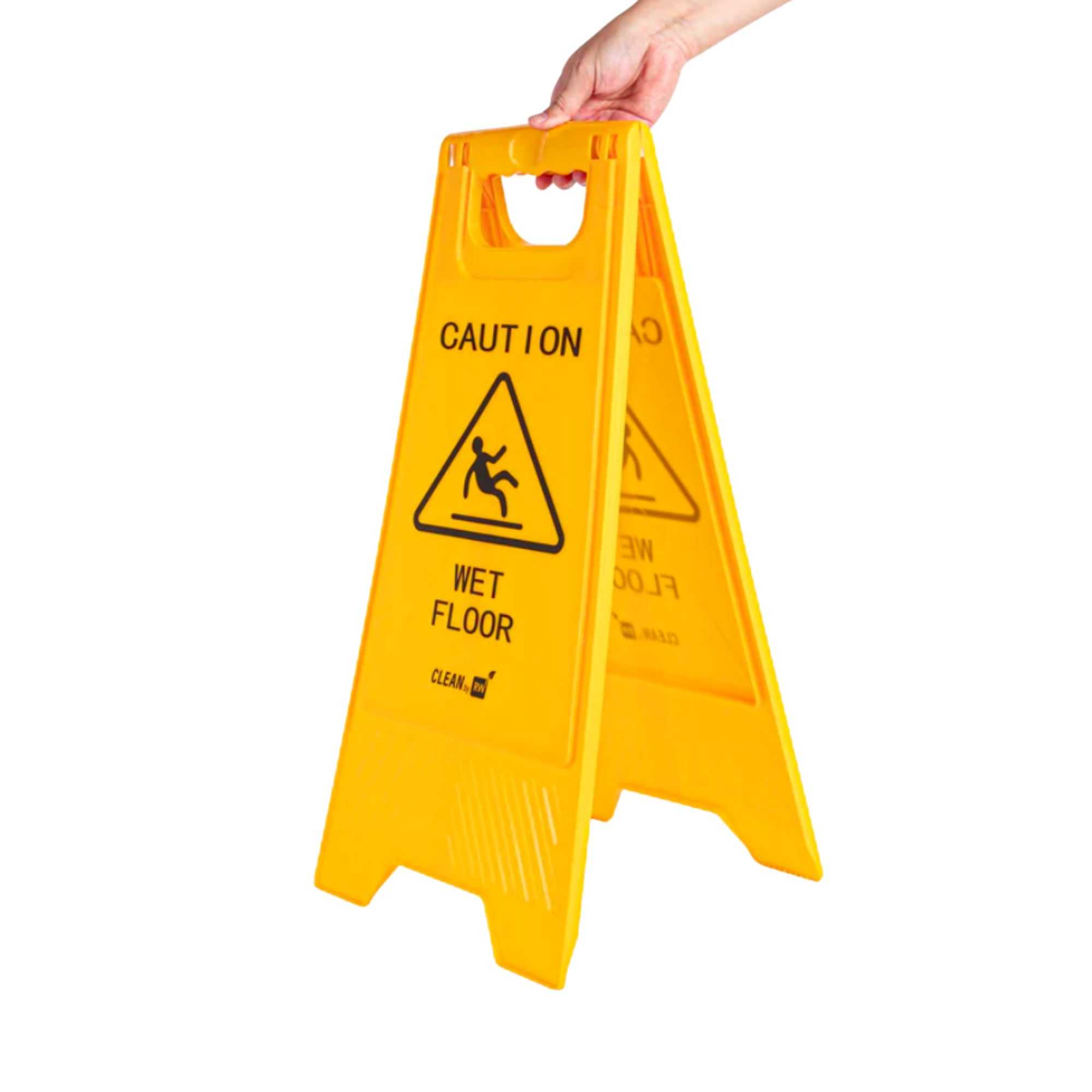 RW Clean Yellow Plastic Caution Wet Floor Sign - Double-Sided - 11 3/4" x 2" x 24 1/2" - 1 count box