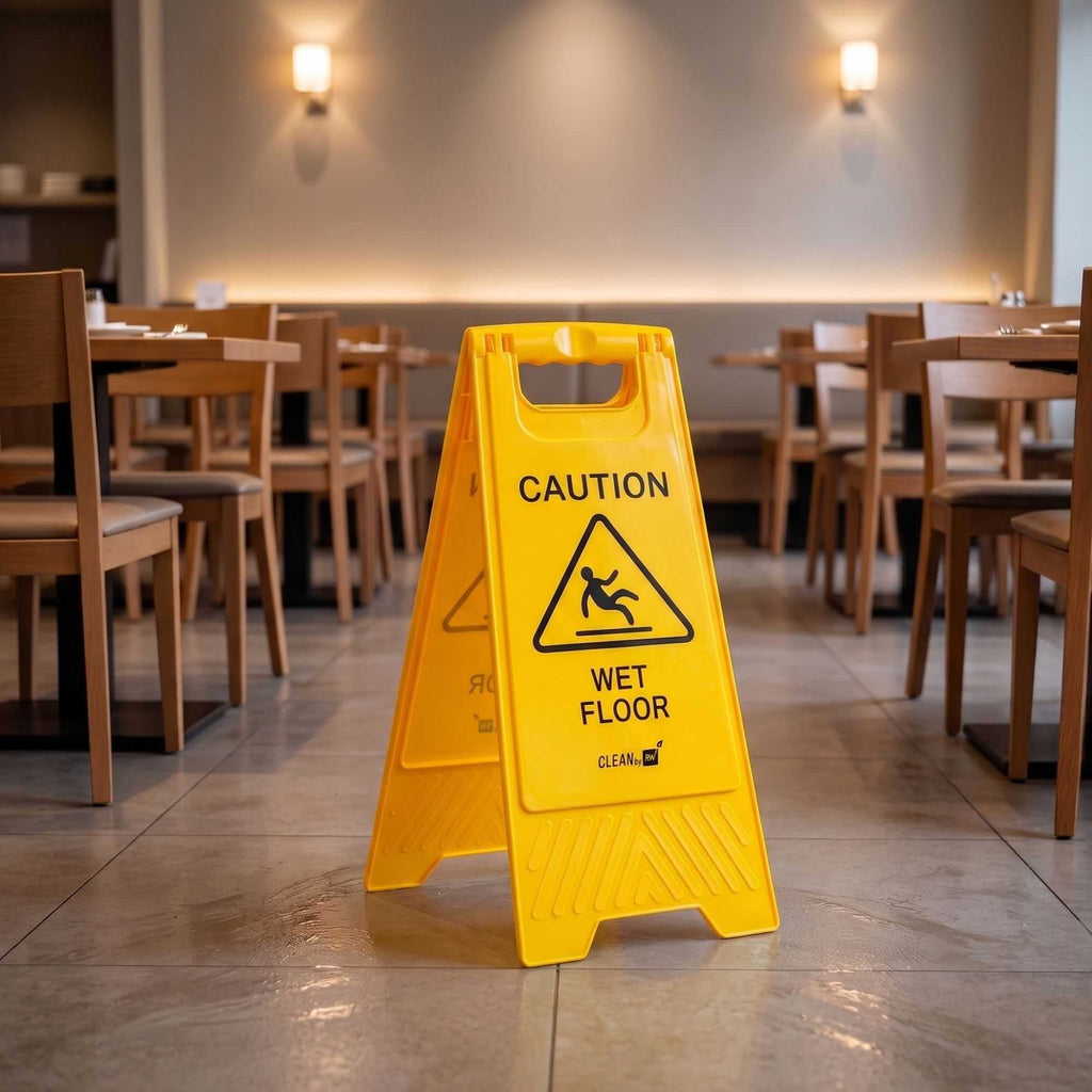 RW Clean Yellow Plastic Caution Wet Floor Sign - Double-Sided - 11 3/4" x 2" x 24 1/2" - 1 count box