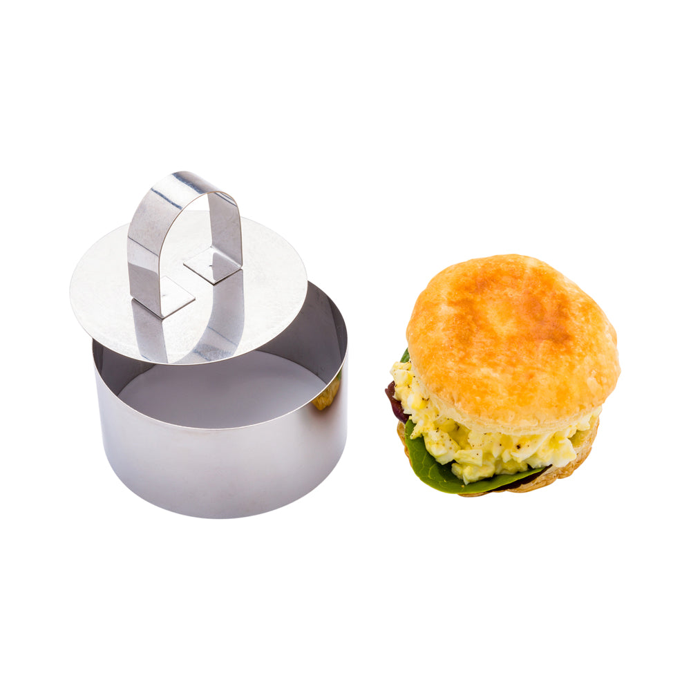 Pastry Tek Stainless Steel Round Pastry Ring Mold - with Press - 3" x 3" x 1 1/2" - 1 count box