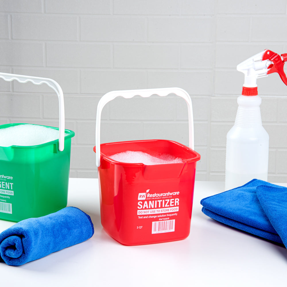 RW Clean 3 Qt Square Red Plastic Sanitizing Bucket - with Plastic Handle - 7" x 6 3/4" x 6" - 10 count box